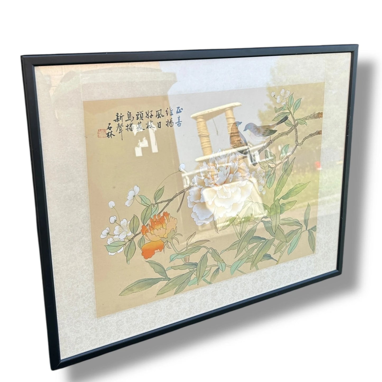 Vintage 1960s Chinese Birds Nature Silk Art Framed Painting
