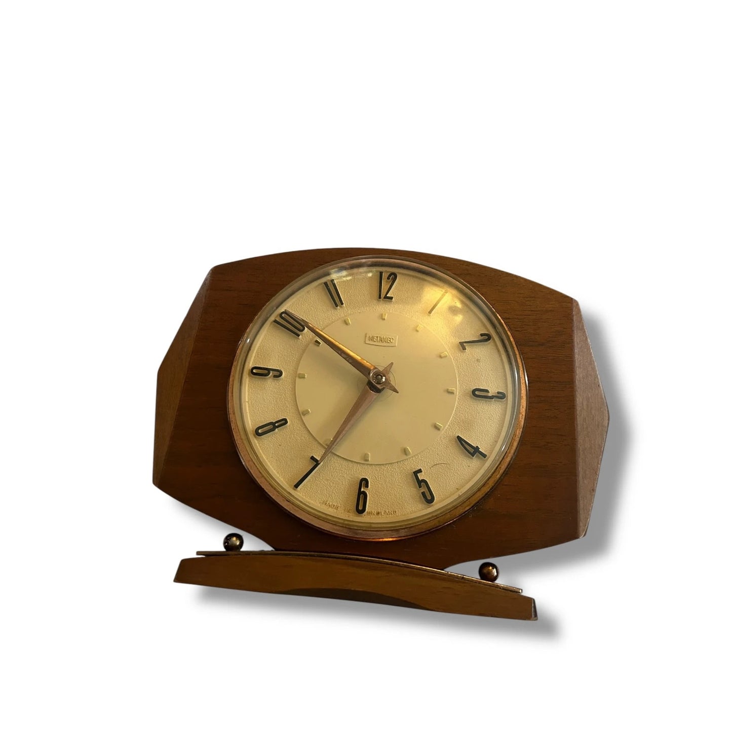 Mid Century Modern Metamec Table Clock | 1960s Wood & Brass Mantel Clock