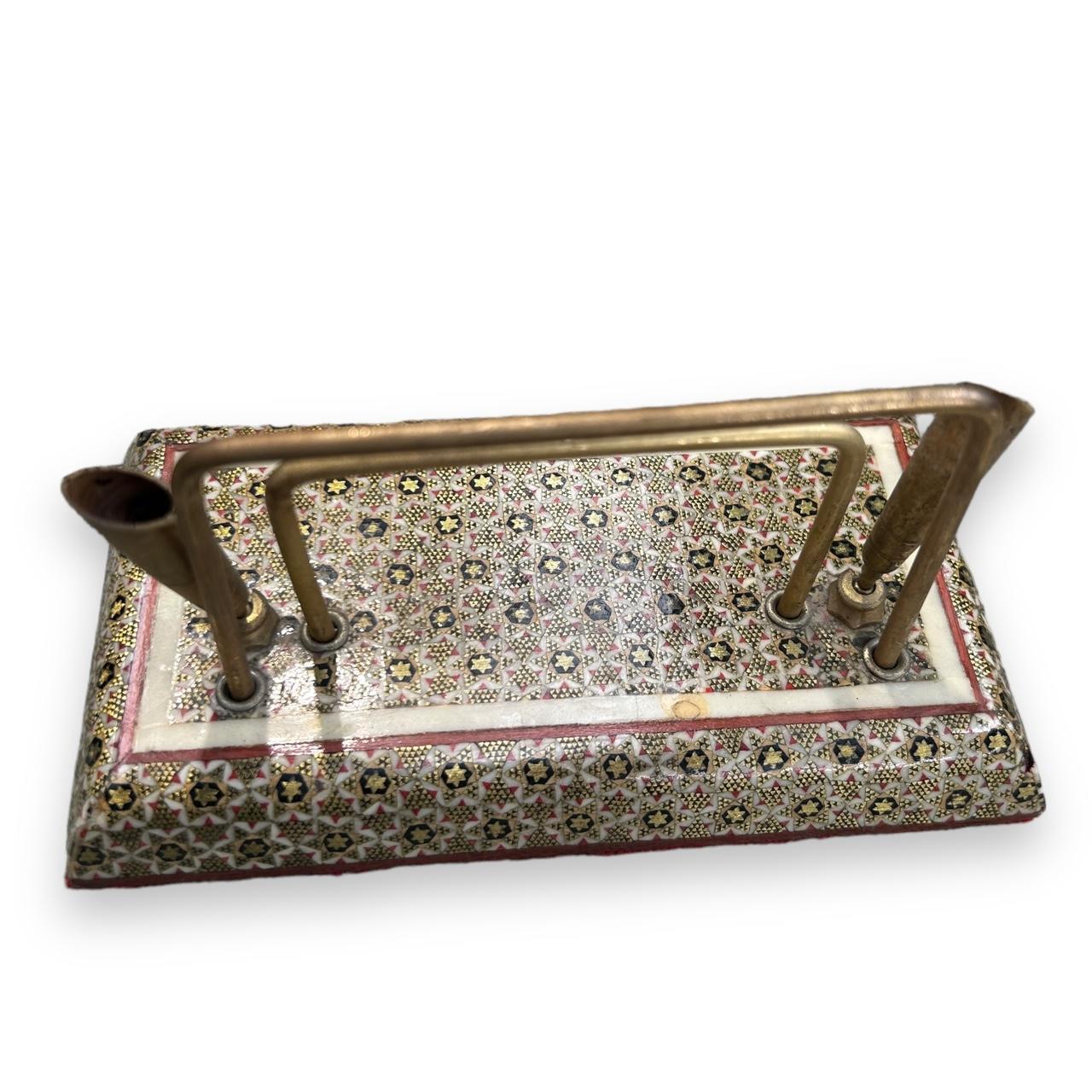 Antique Persian Khatam marquetry wood and gold tone metal inlay desk writing set