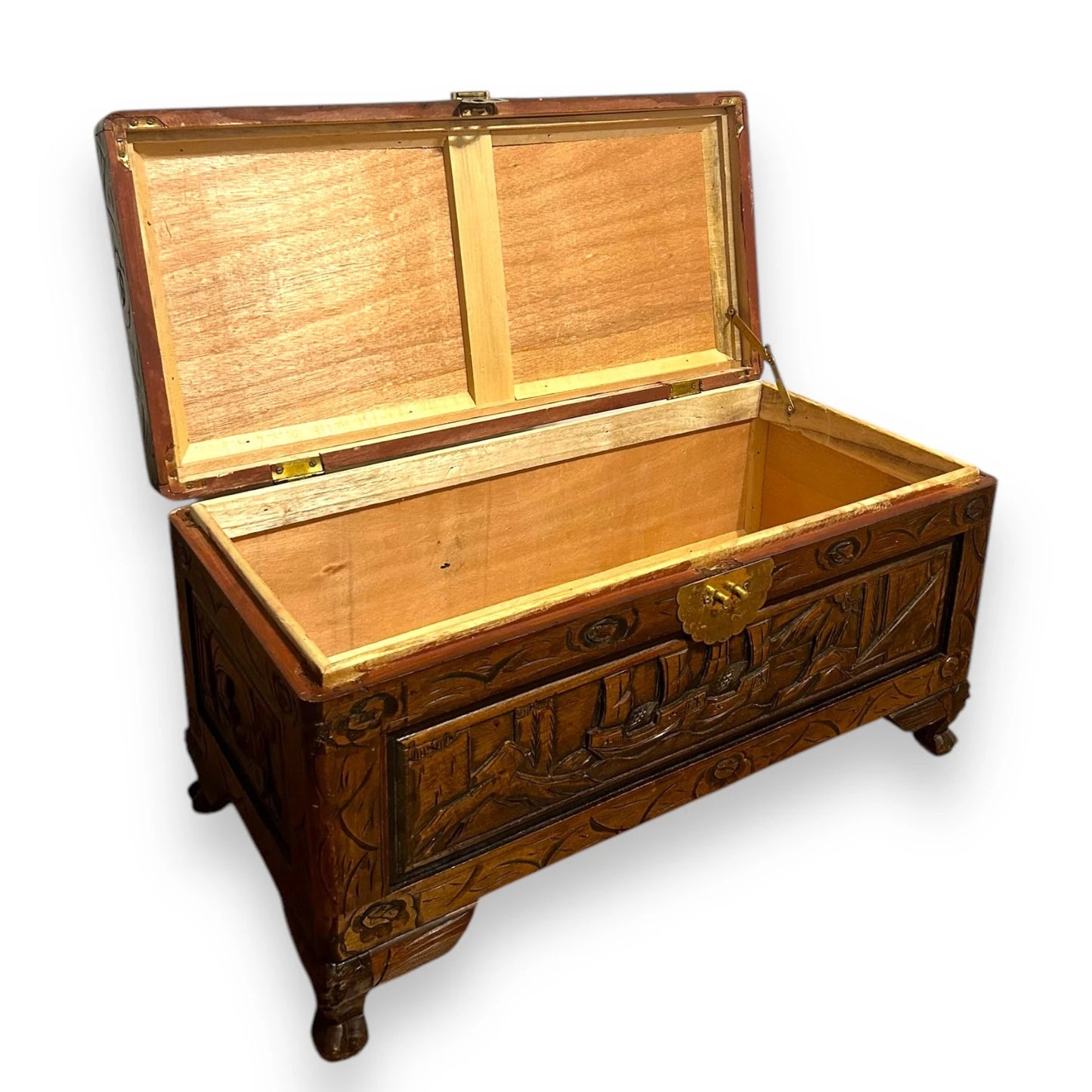 Antique Chinese Carved Camphor Wood Trunk Chest