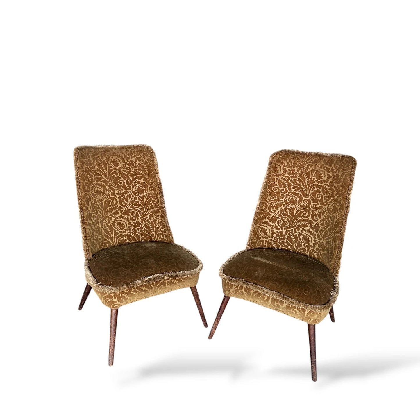 Pair of Mid-Century Cocktail Chairs | Gold Brocade Upholstery with Tapered Legs