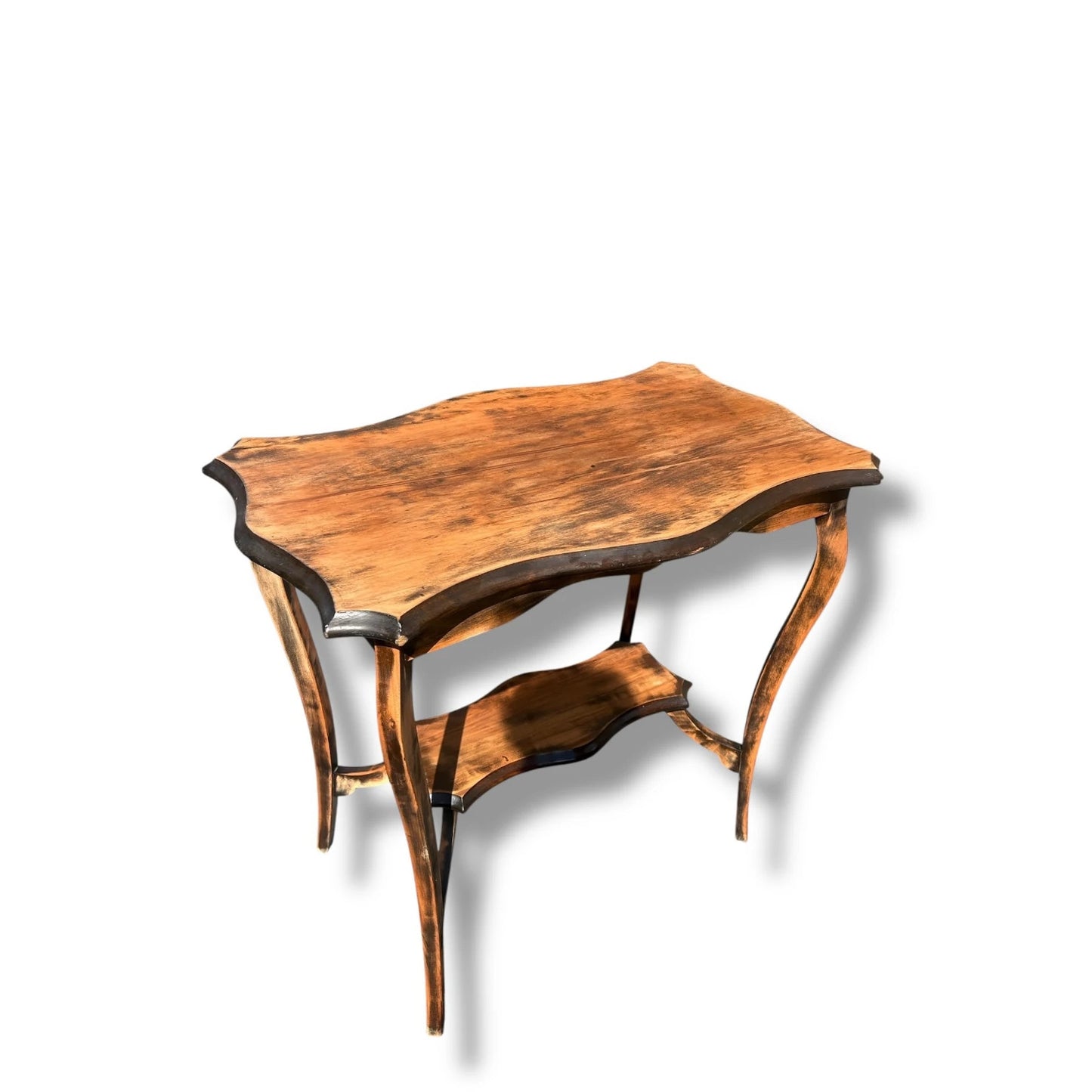 Antique Rustic French Side Table – Scalloped Edge & Cabriole Legs