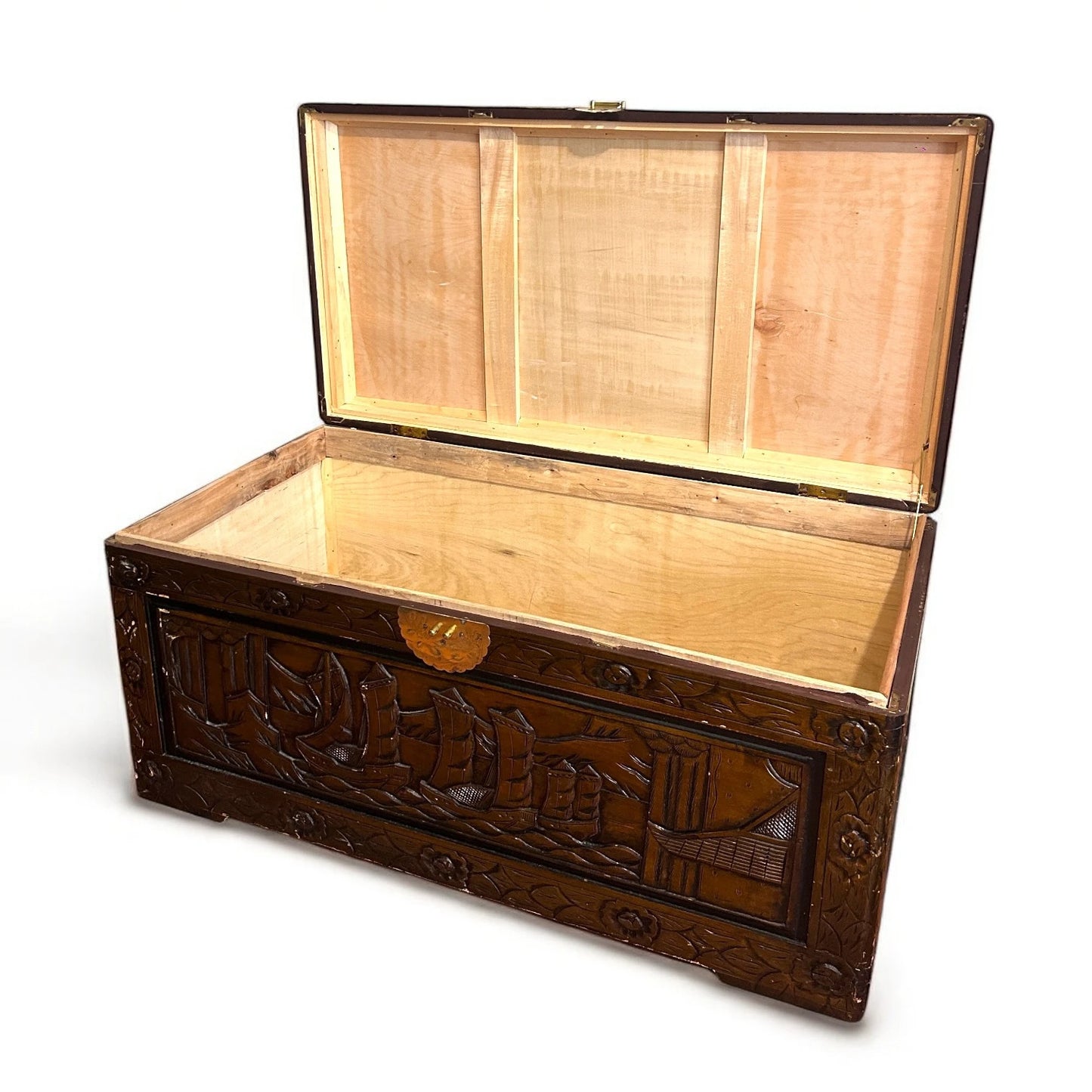 Mid Century Modern Chinese Camphor Wood Carved Storage Treasure Chest