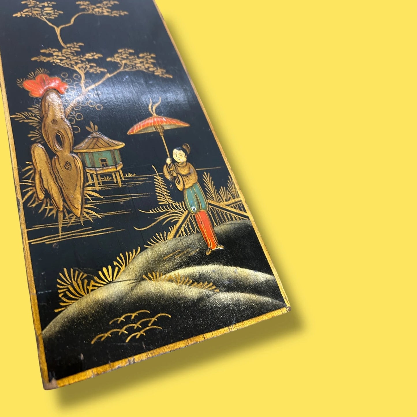 Vintage 1960s Chinese black lacquered wood panel