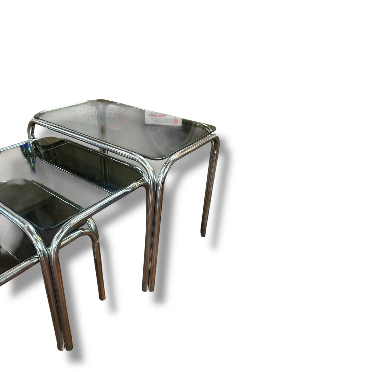Mid Century Modern Smoked Glass and Chrome Nest of Tables