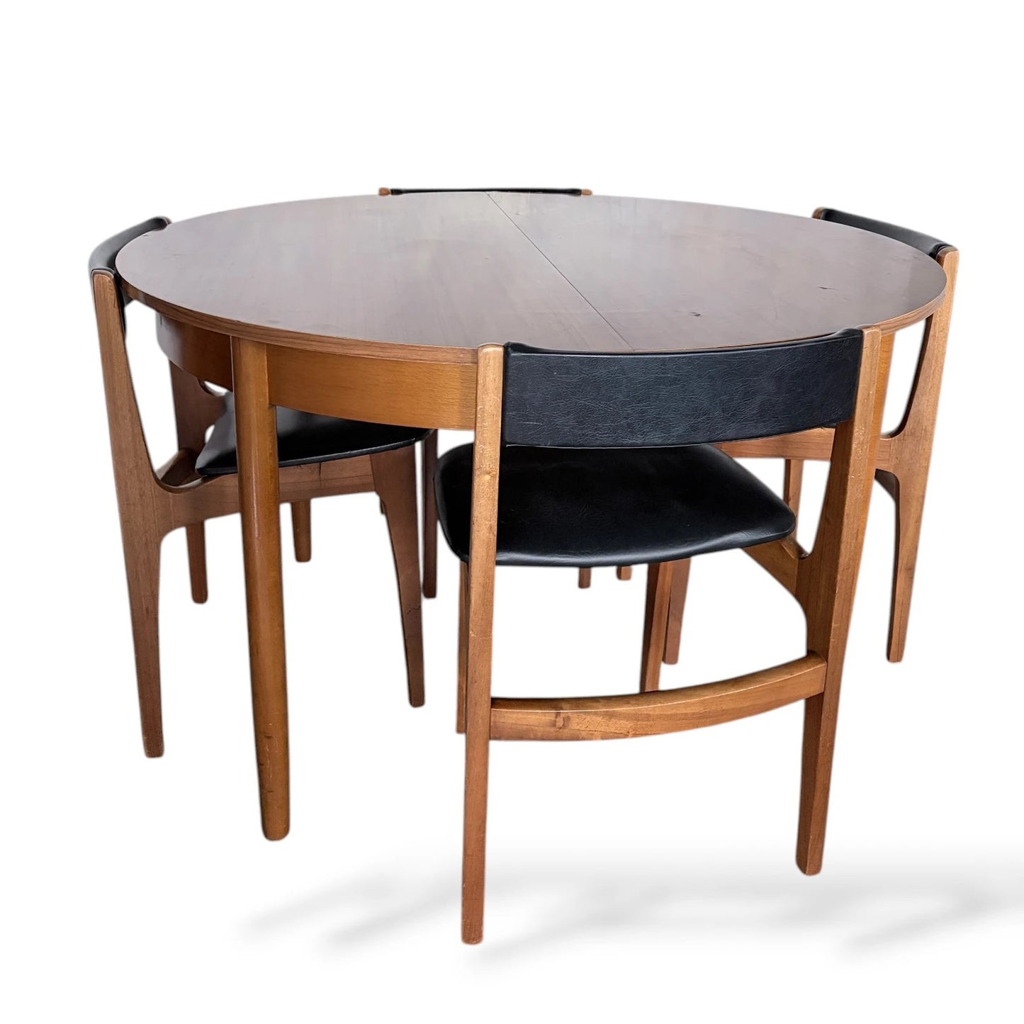 Mid-Century Nathan Teak Dining Table & 4 Chairs | Extendable Round to Oval Table