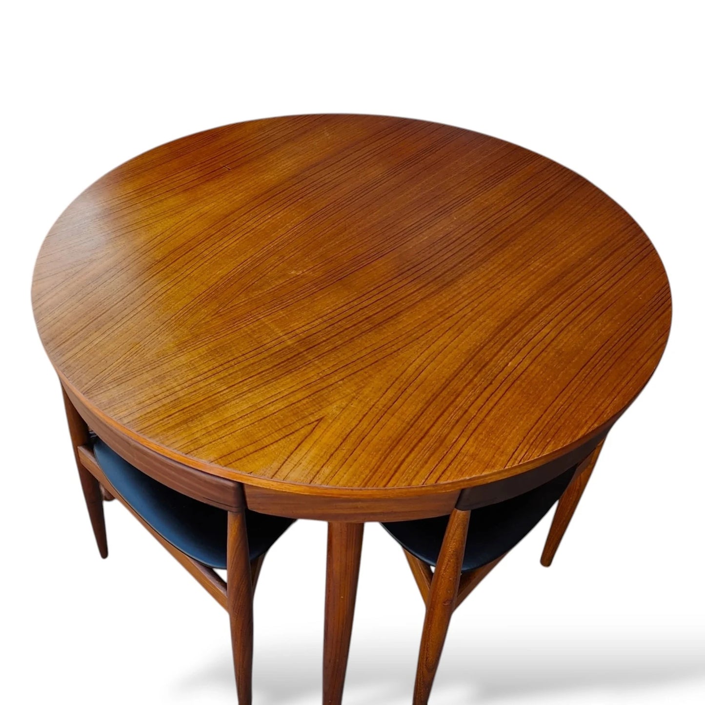 Hans Olsen Frem Røjle Roundette Dining Set | Danish Teak Table & 4 Three-Legged Chairs