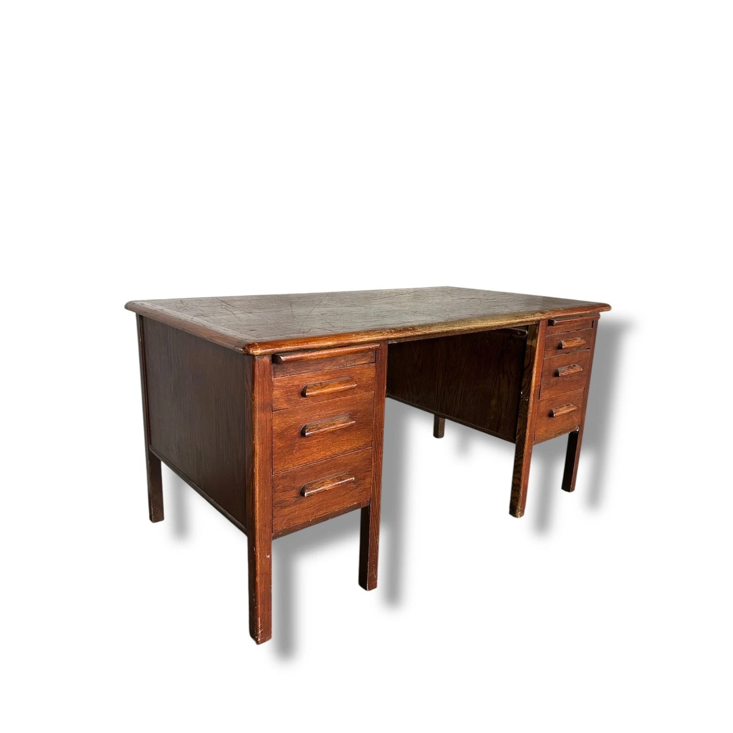 Vintage 1940s Abbess Oak Teacher’s Desk – Double Pedestal School Desk