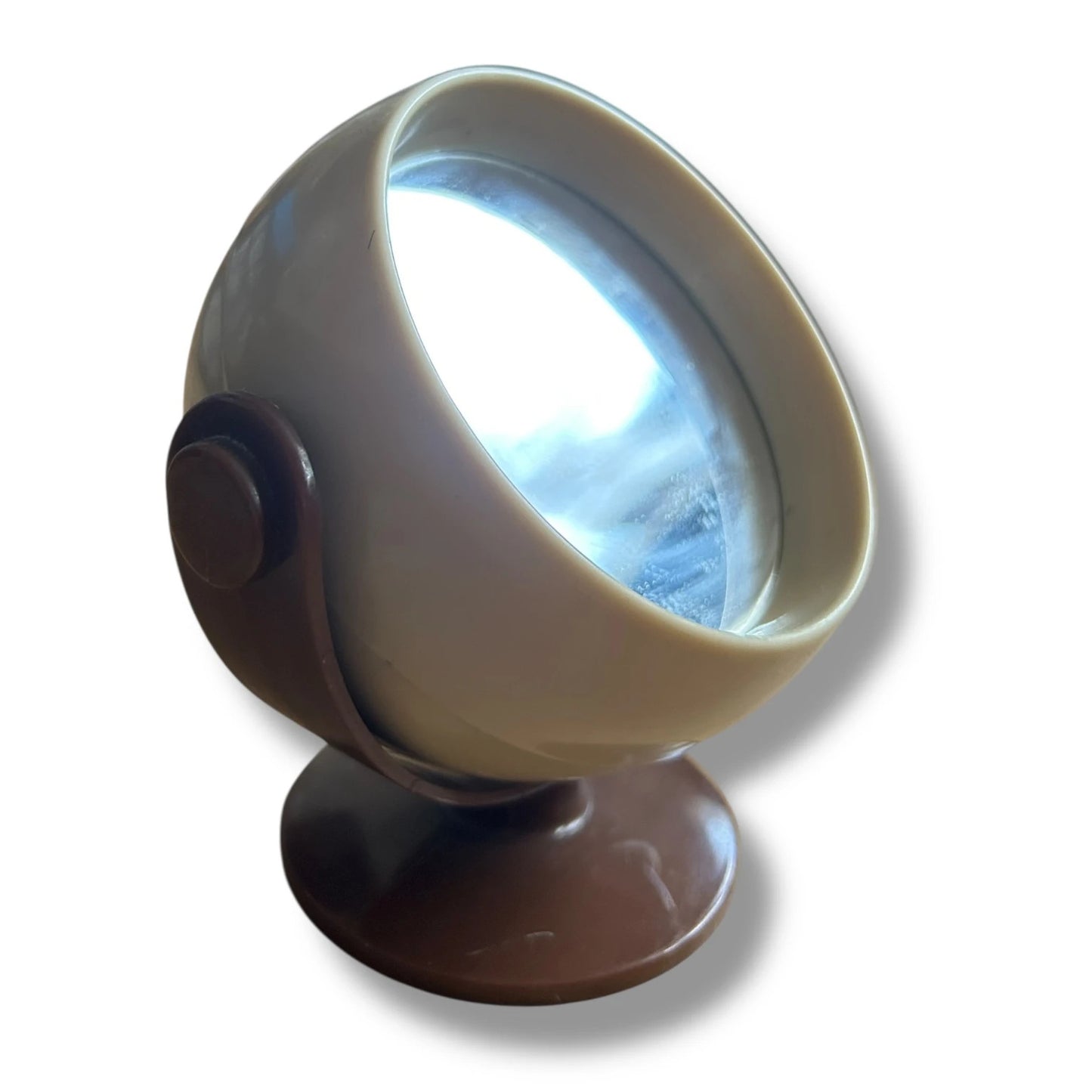 Mid Century Space Age Chocolate Brown and Cream Tabletop Revolving Vanity Mirror