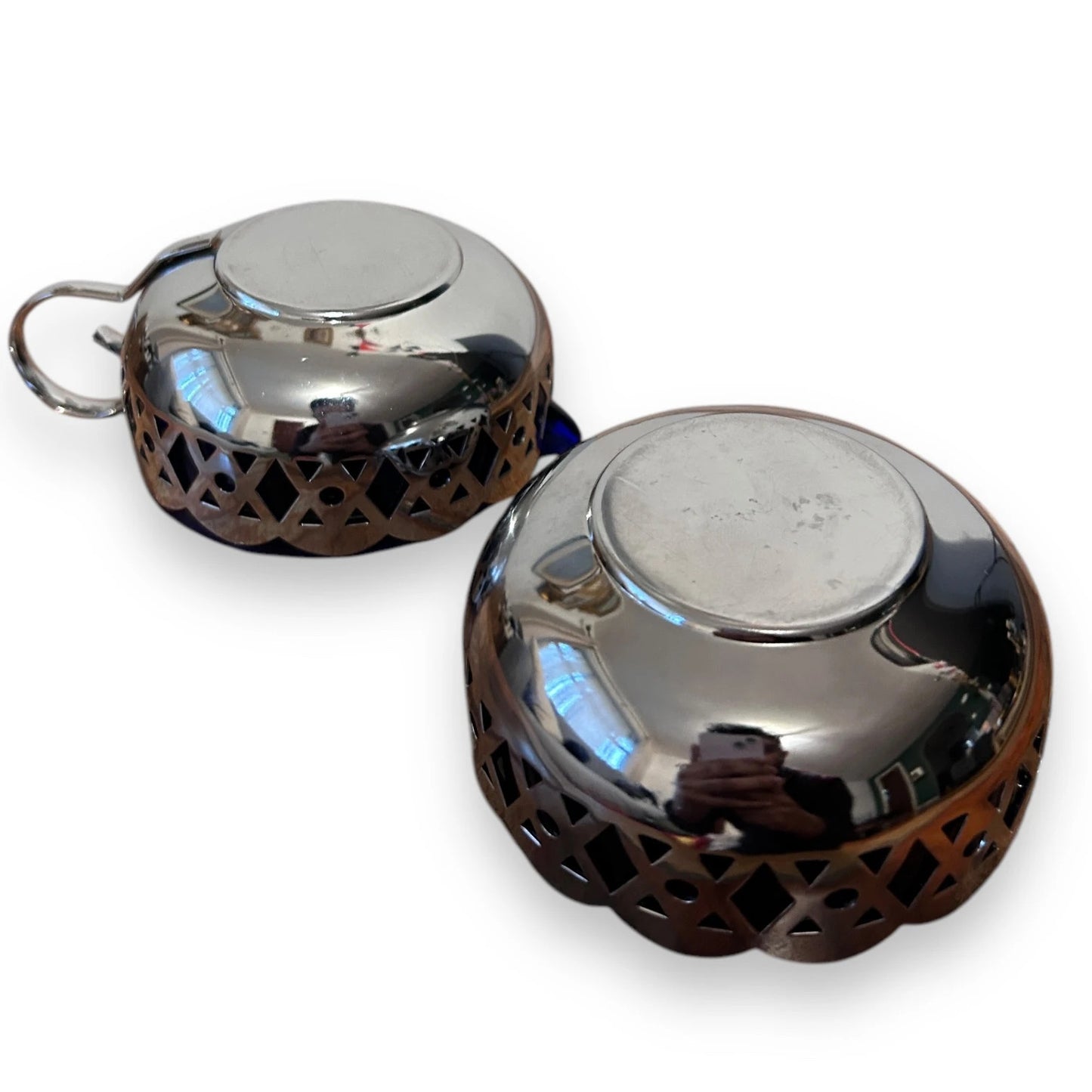 Vintage 1950s Chrome and Blue Glass Bowls