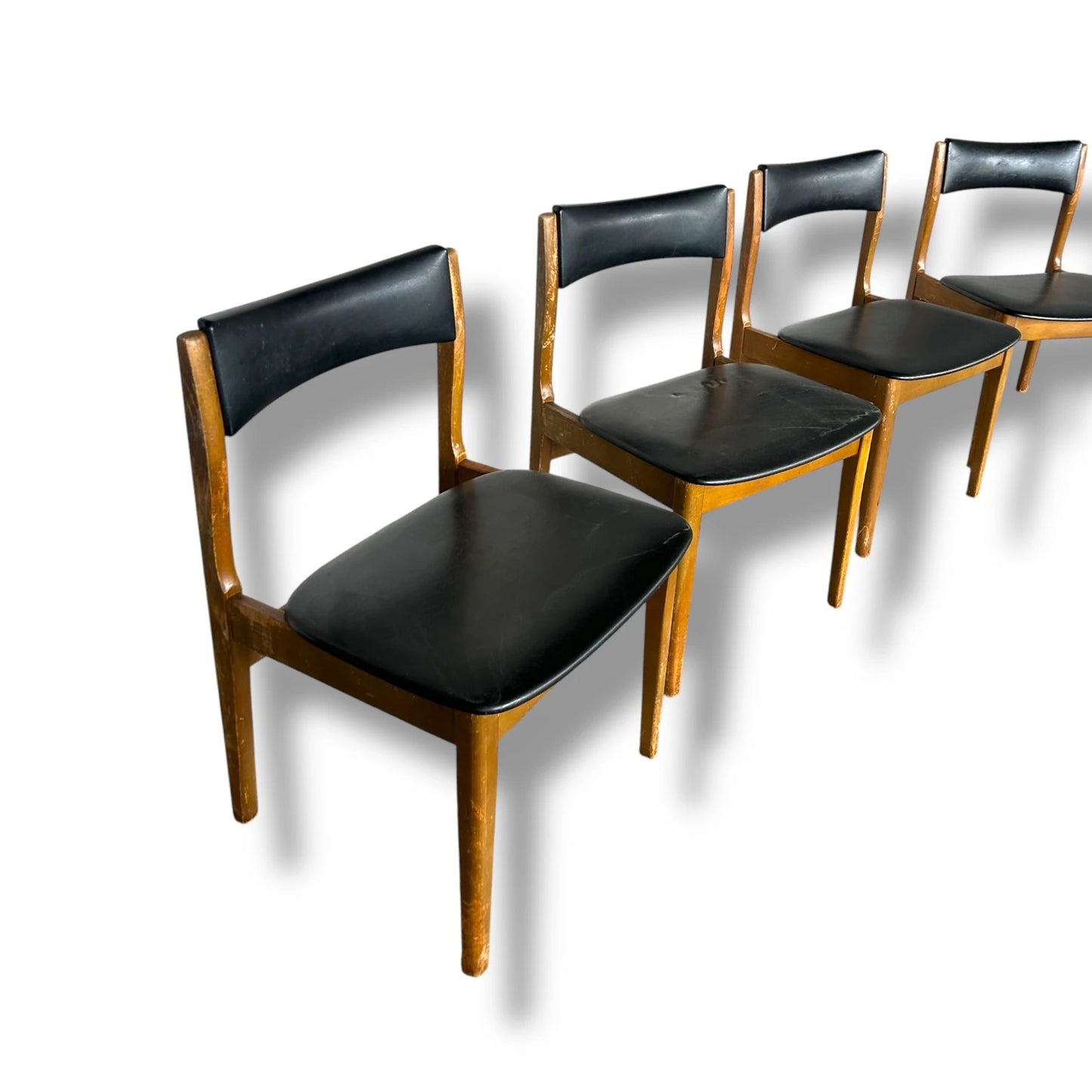 Mid Century Modern Teak Wood and Black Vinyl Set of Four Dining Chairs