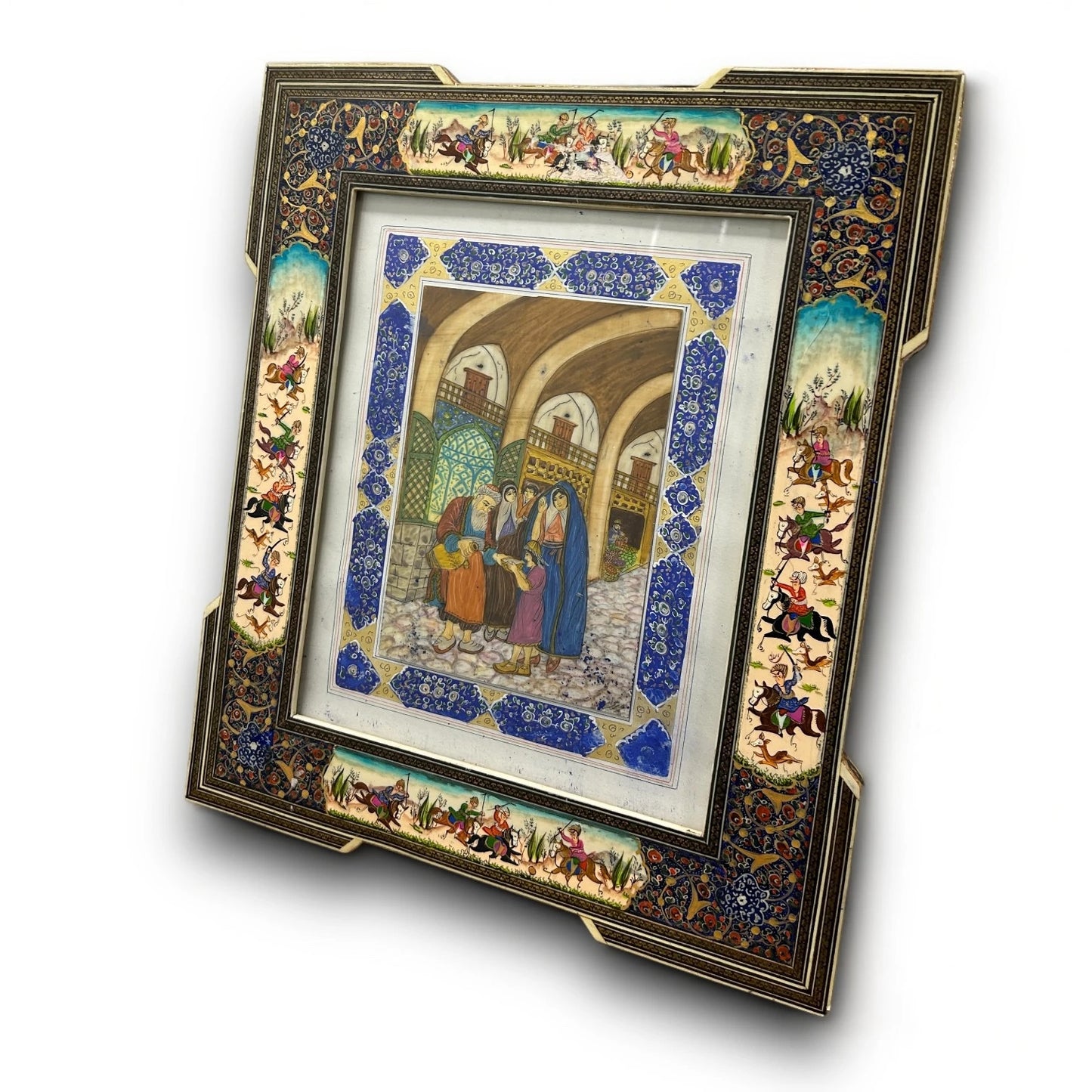 Vintage 1950s Persian Khatam Mosaic Watercolour Painting