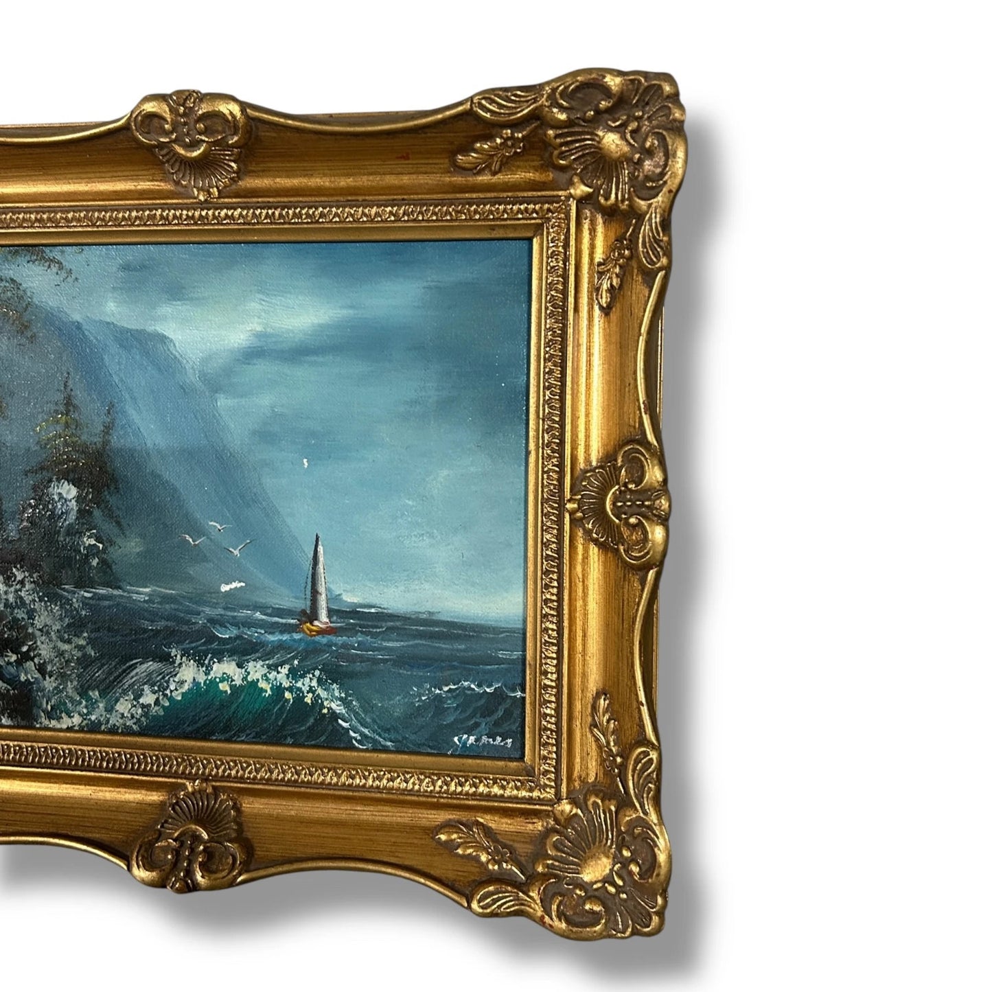 Vintage 1970s Nautical Landscape Oil Painting with a Gilt Frame