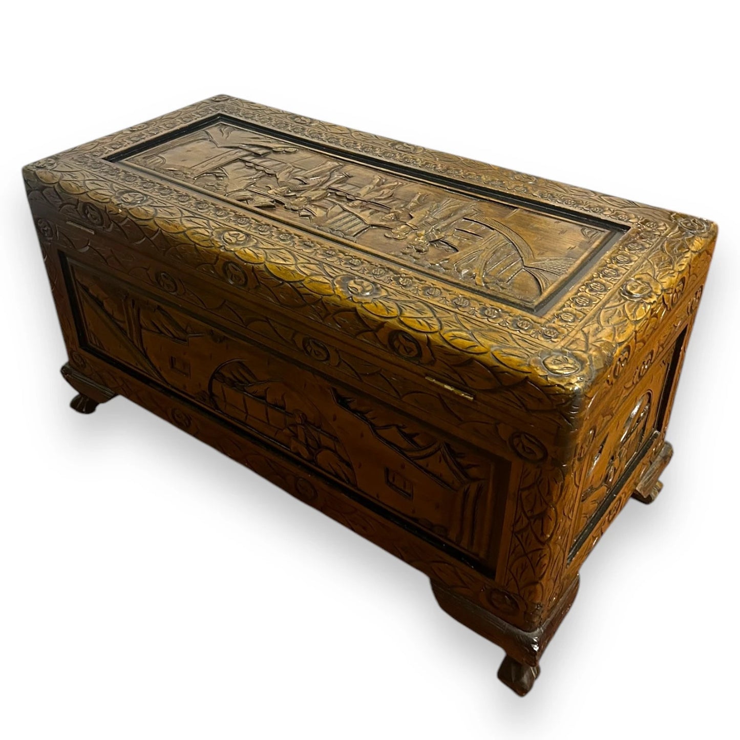 Antique Oriental Carved Camphor Wood Trunk Chest