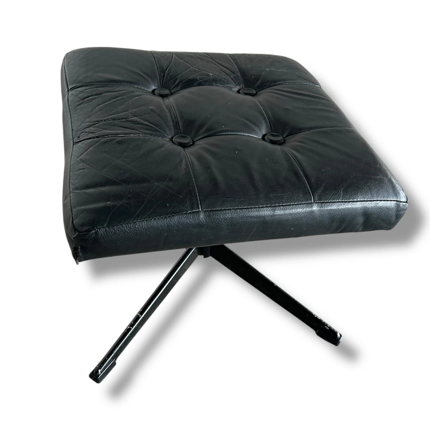 Mid Century Modern Danish Black Leather Swivel Footstool