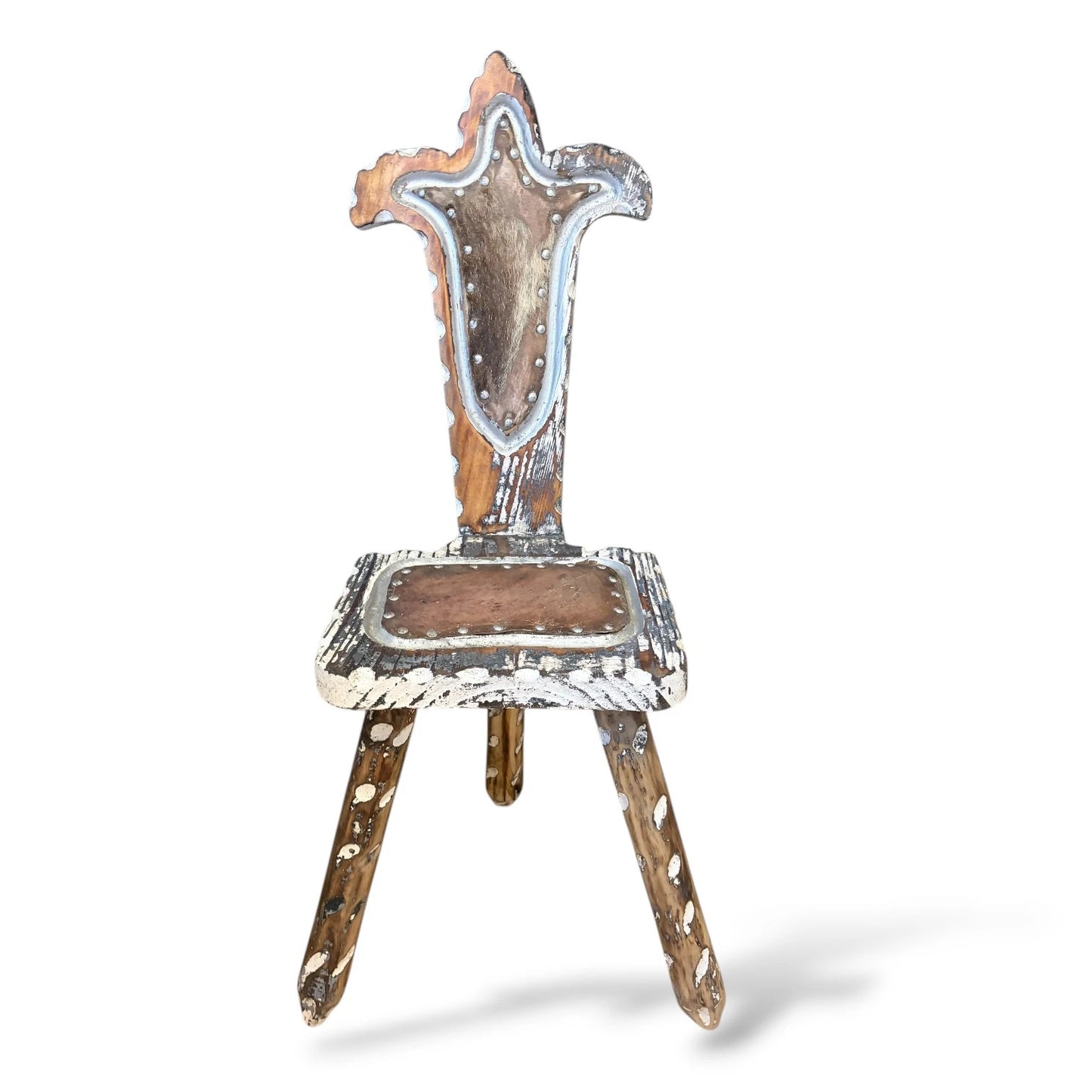 Brutalist Spanish Chair with Mohair Seat | Distressed Primitive Folk Art Chair