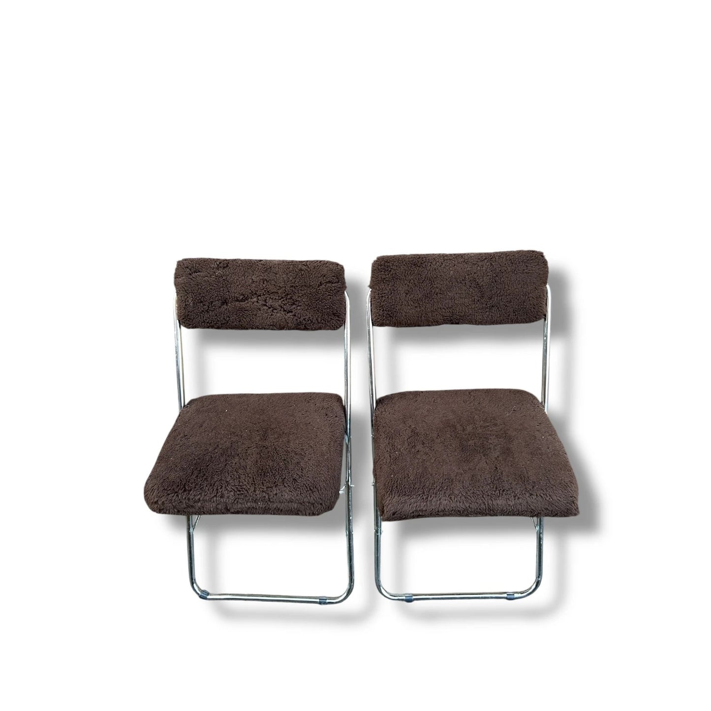 Mid Century Modern Pair of Chocolate Brown and Chrome Space Age Folding Chairs