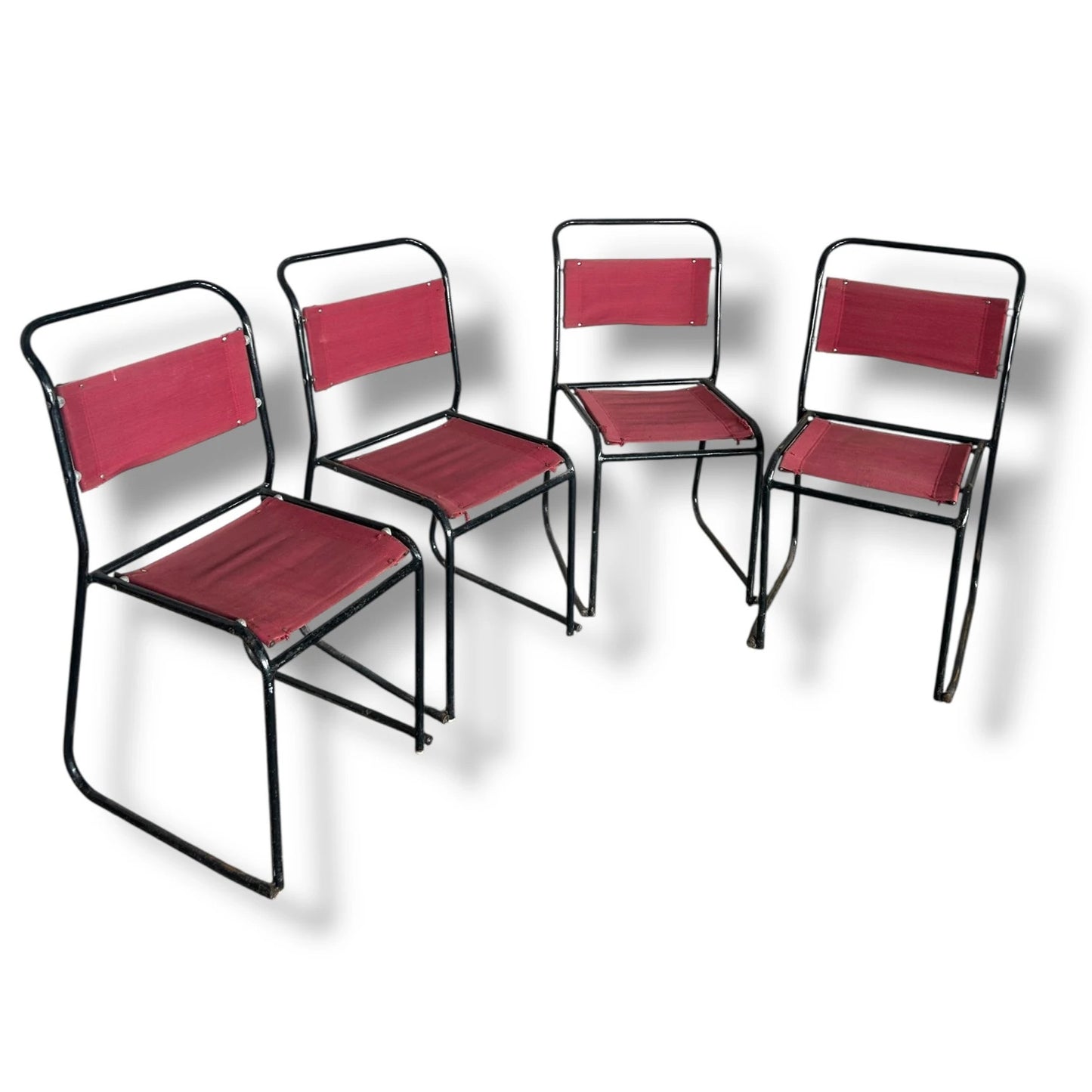 Mid Century Set of Four Pel Tubular Metal Red and Black Dining Chairs