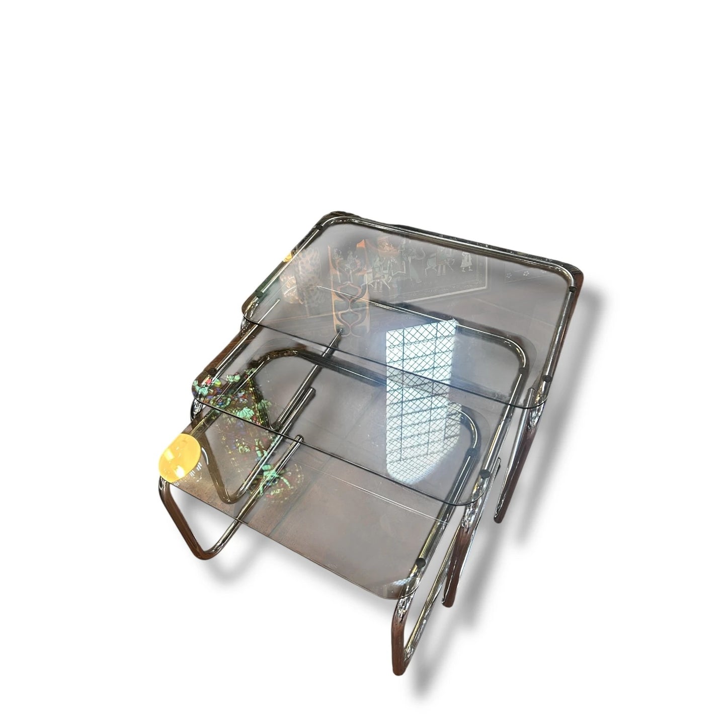Mid Century Smoked Glass and Chrome Tubular Nest of Tables