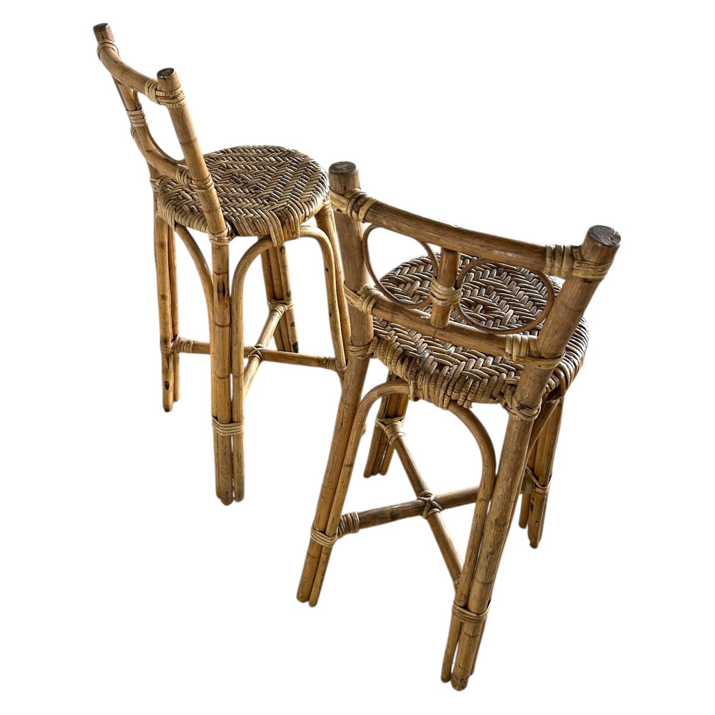 Mid Century Modern Bamboo Rattan Pair of Bar Stools