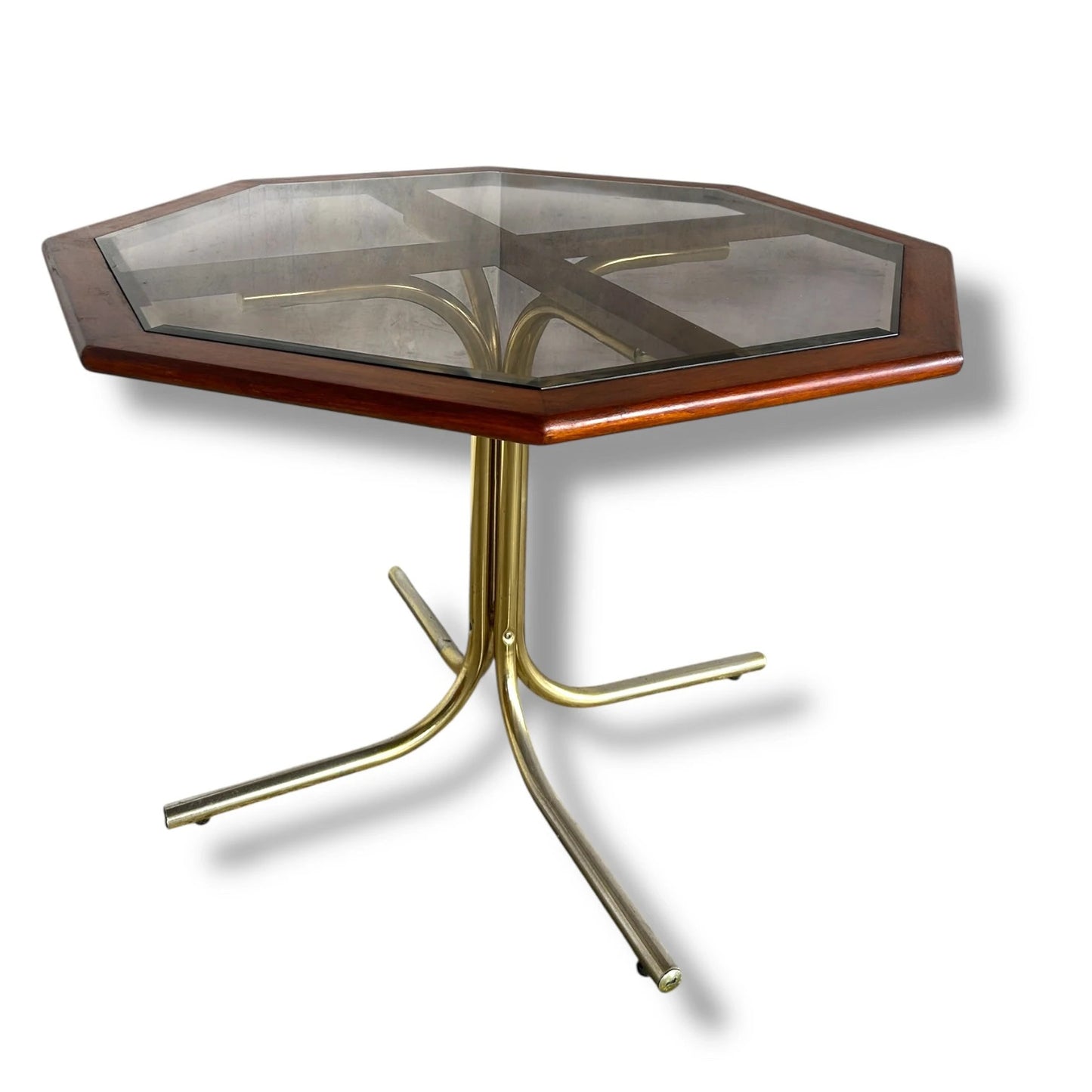 Mid Century Modern Italian Octagonal Smoked Glass Brass and Teak Dining Table