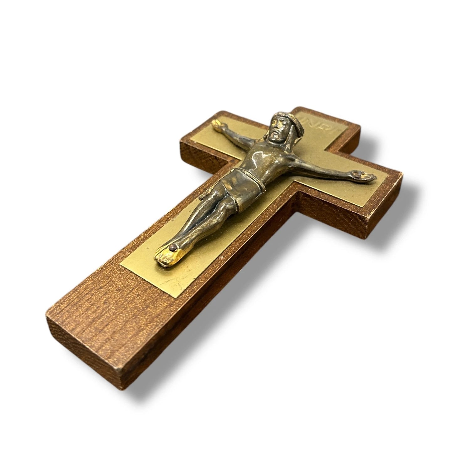 Mid Century Teak and Brass Jesus Crucifix