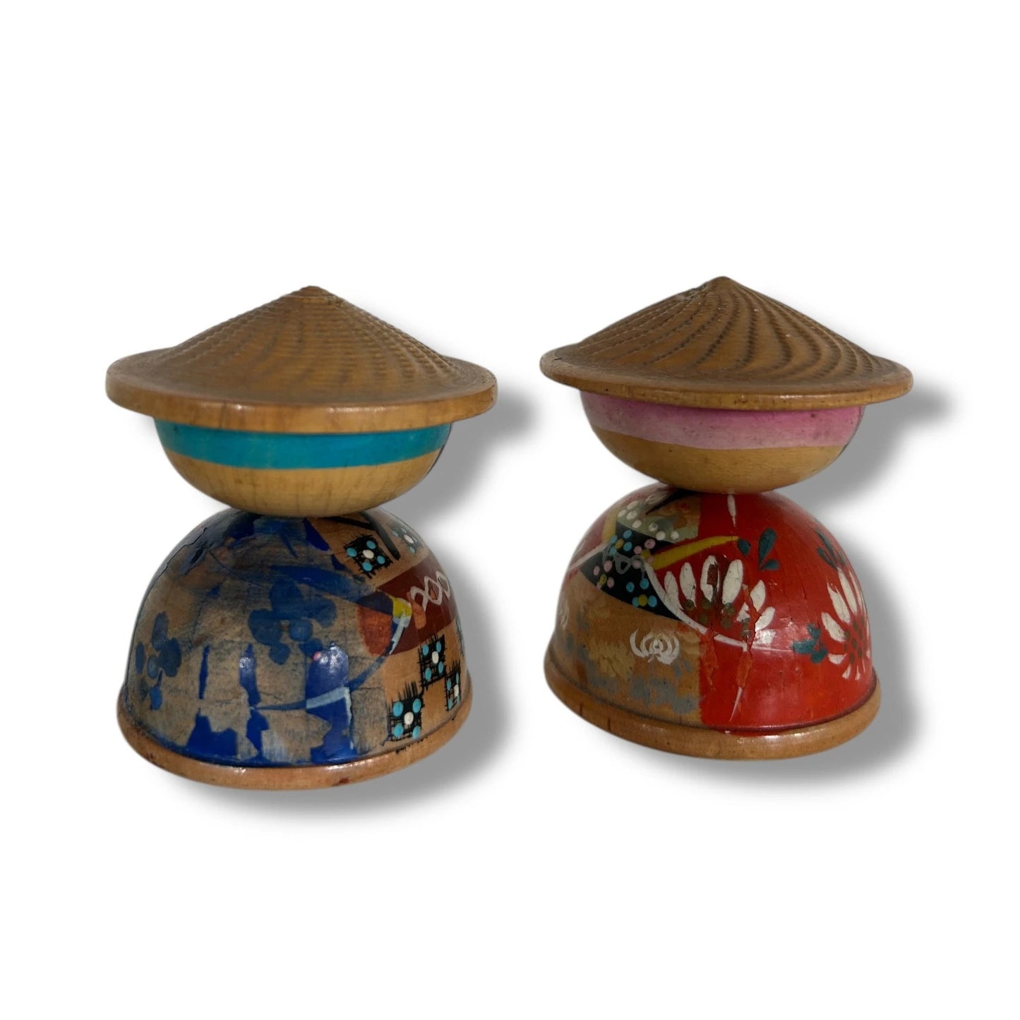 Mid Century Pair of Carved Wood Japanese Kokeshi Dolls