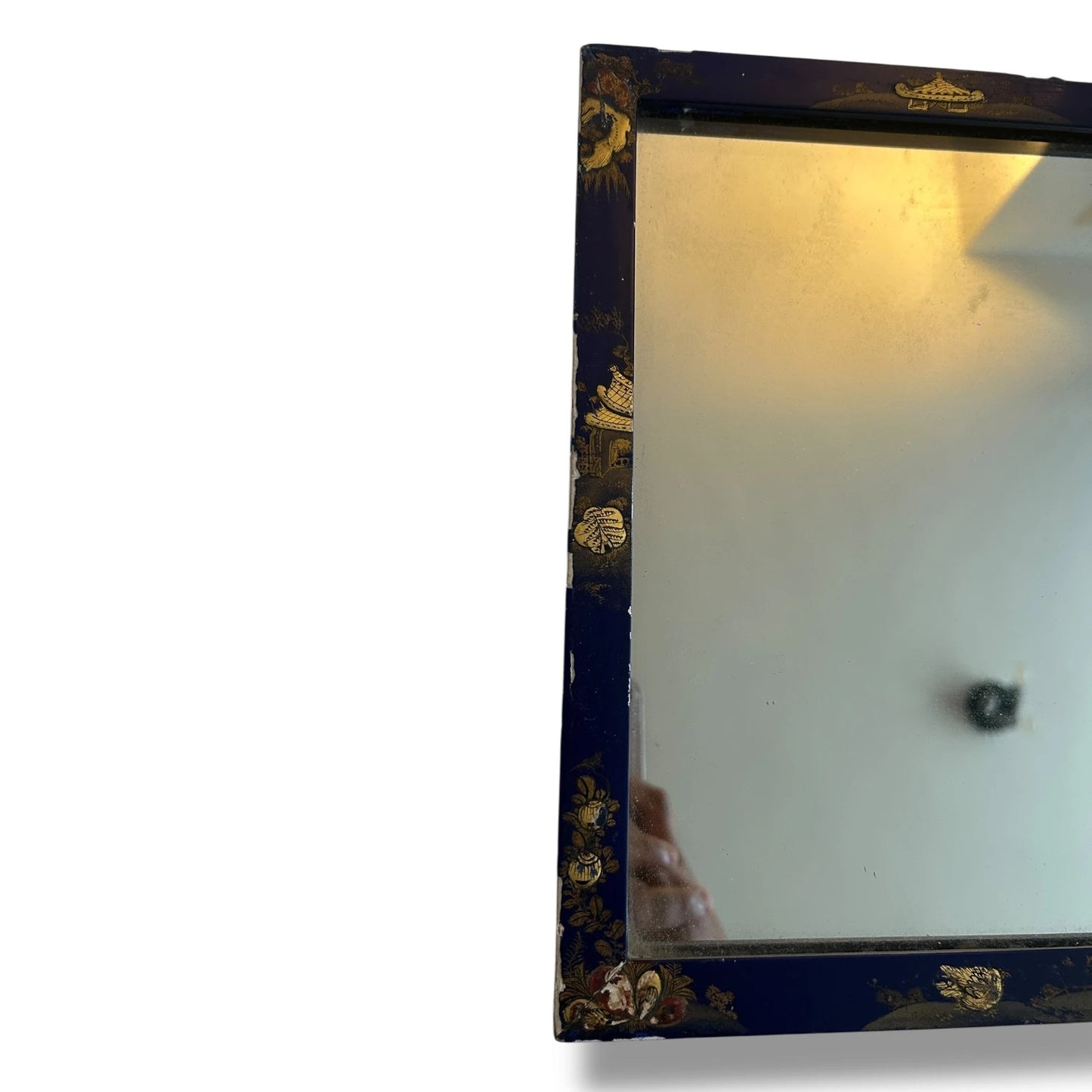 Antique Chinoiserie Mirror | Blue & Gold Gilt Painted Rectangular Wall Mirror