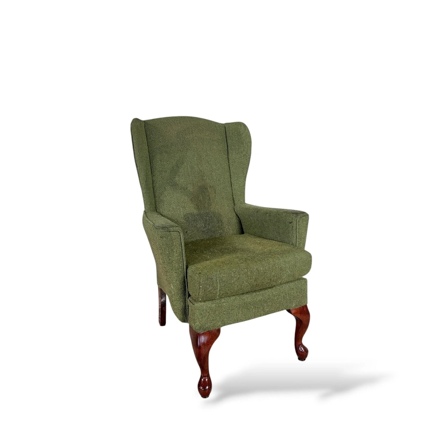 Vintage Green Upholstered Wingback Armchair with Cabriole Legs