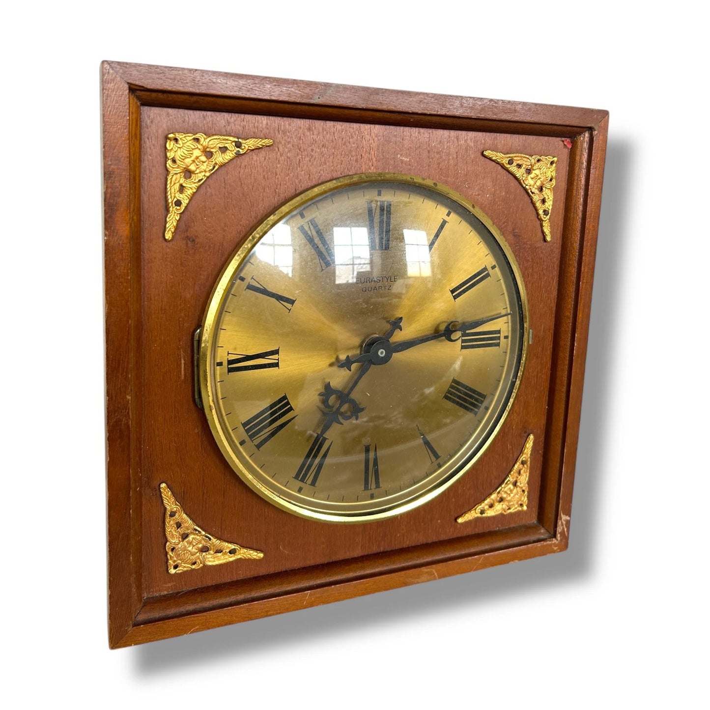 Mid Century Wood and Brass Square Wall Clock by Eurastyle