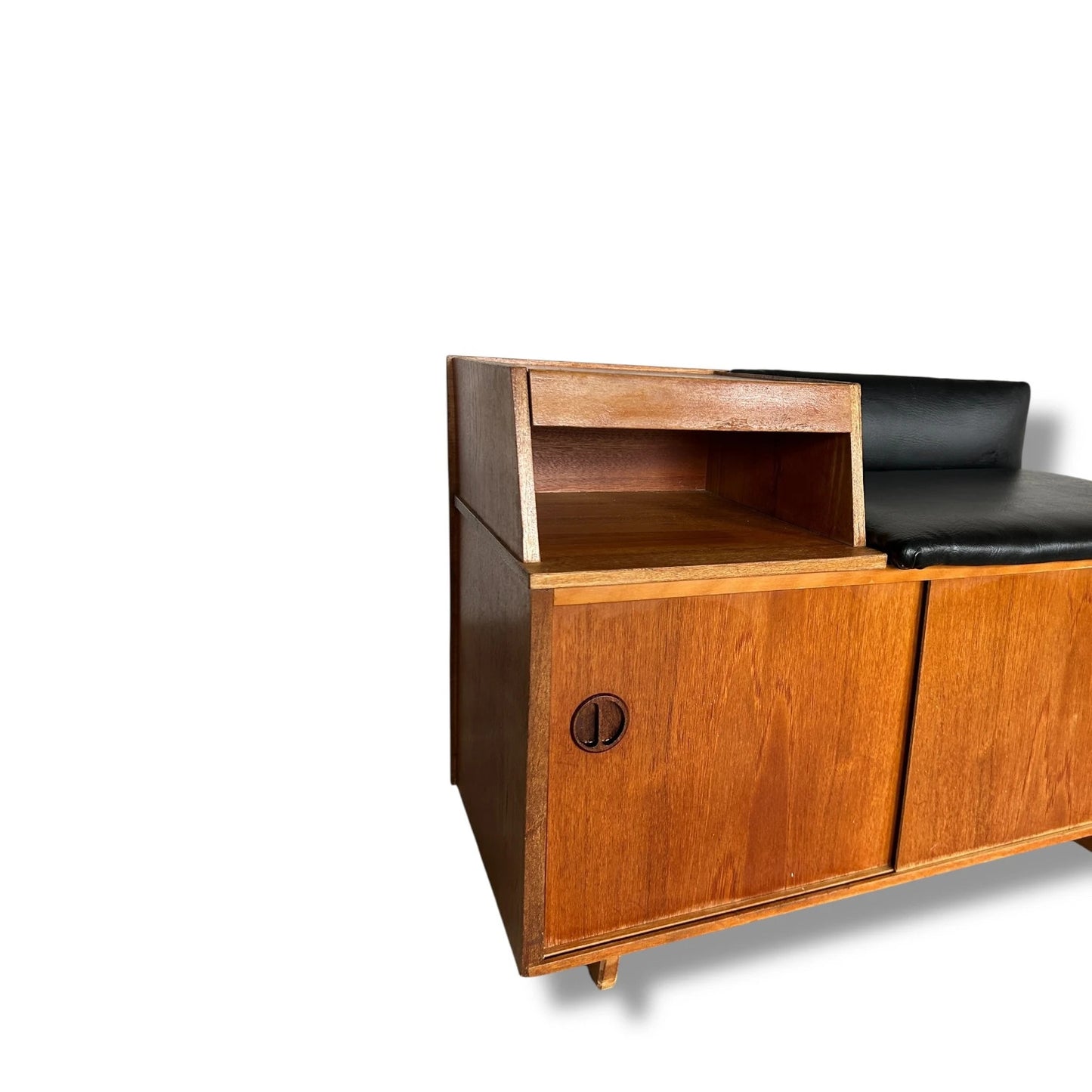Vintage 1960s Chippy Heath Teak Telephone Table – Mid-Century Modern Hall Seat with Black Vinyl