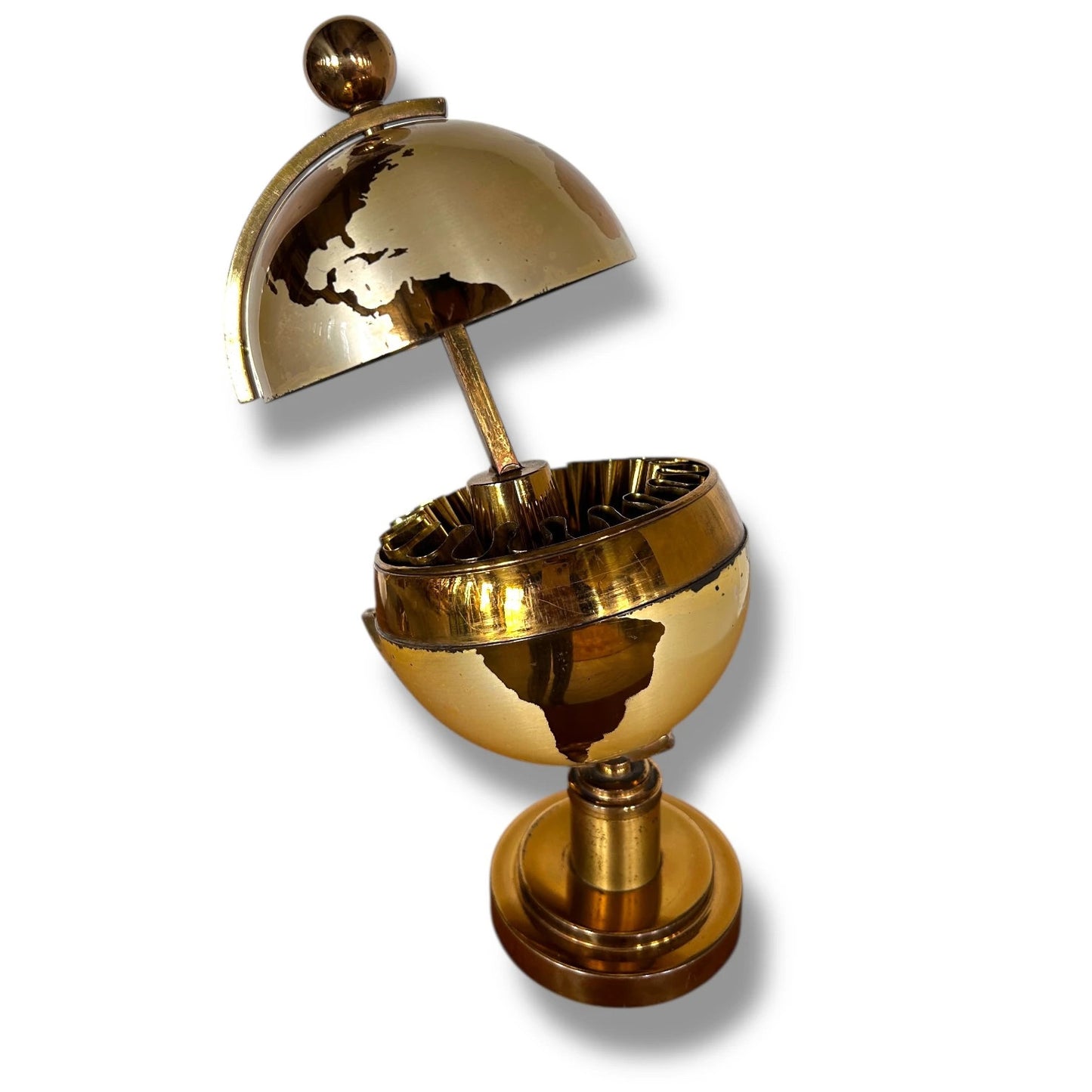 Mid Century Vintage Brass Good German World Globe Cigarette Holder and Dispenser