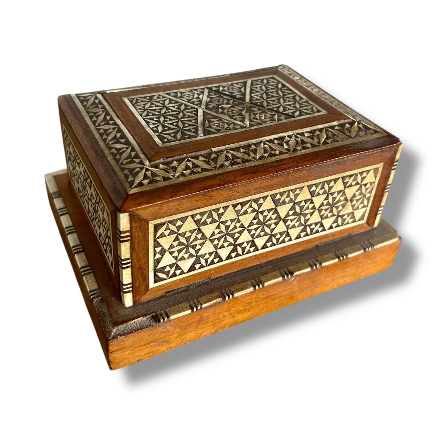 Mid Century Modern Mother of Pearl Mosaic Carved Wood Musical Cigarette Dispenser Box