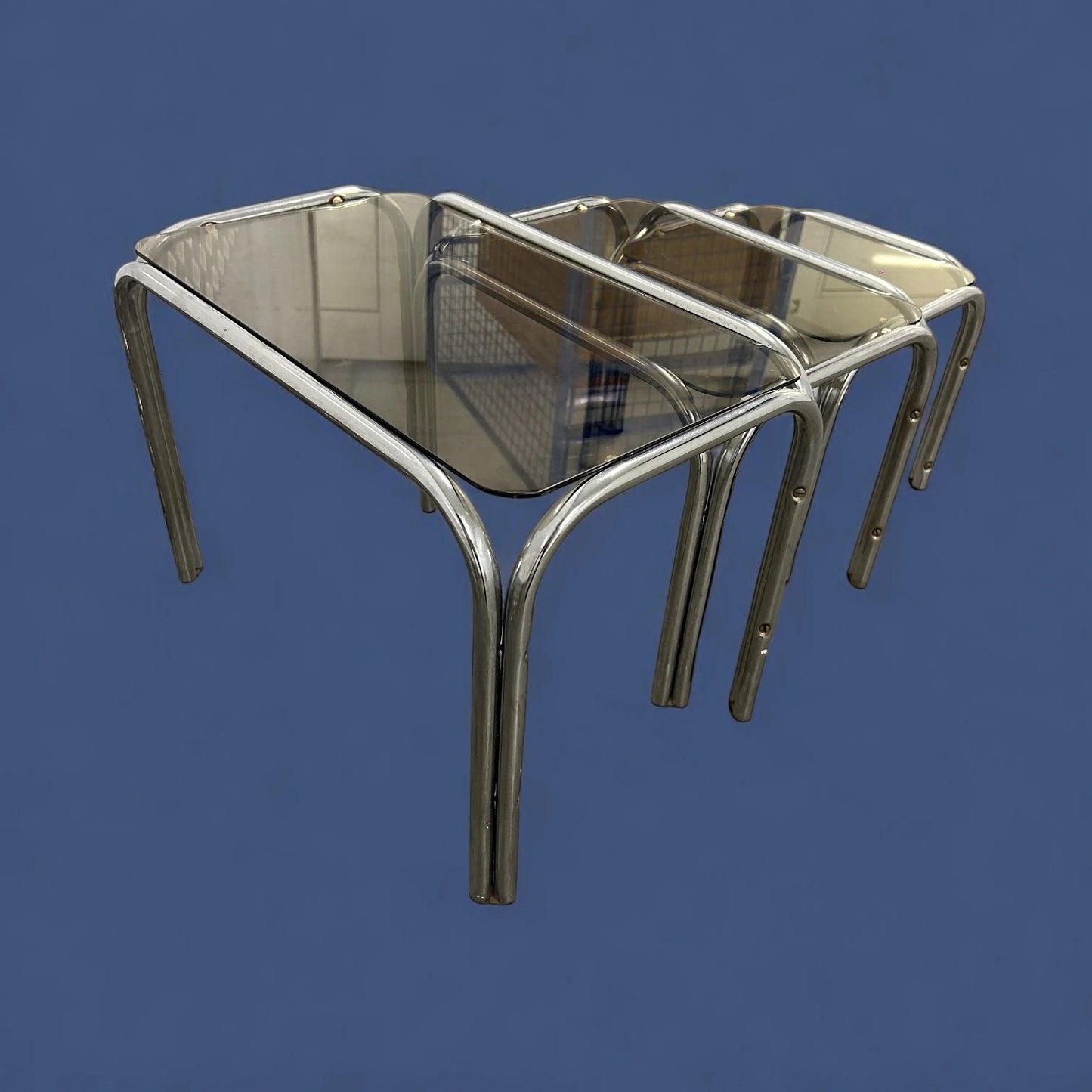 Mid Century Smoked Glass and Chrome Nest of Tables
