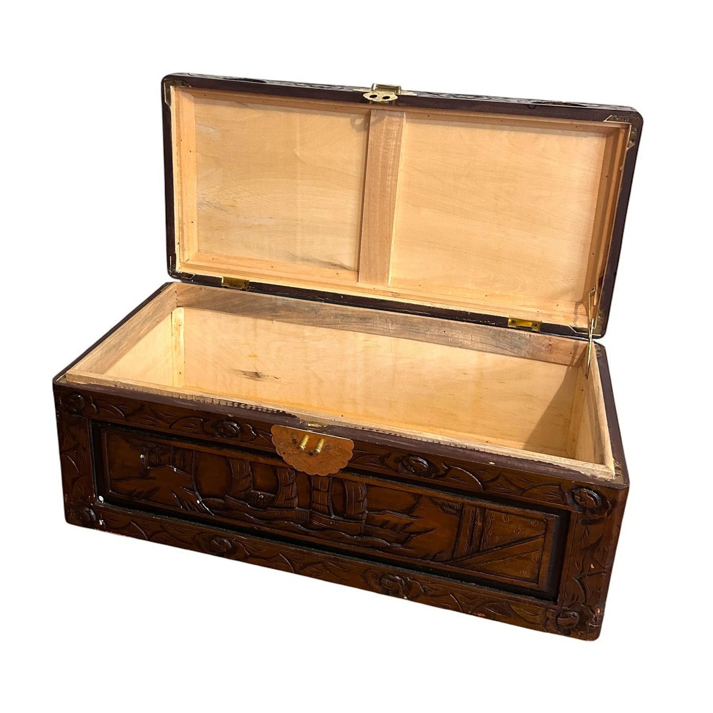 Mid Century Chinese Carved Camphor Wood Storage Treasure Chest