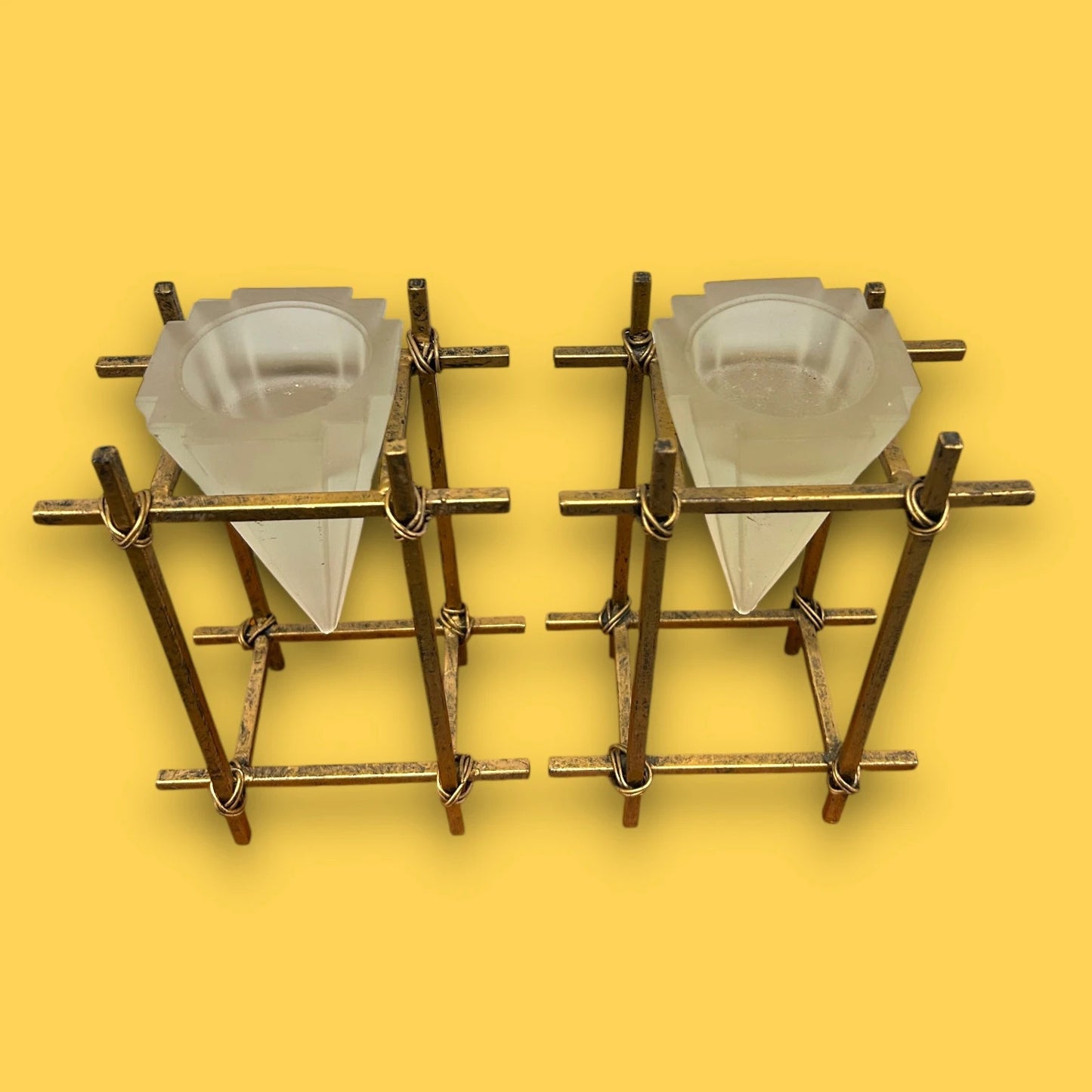 Vintage 1950s Pair of Art Deco Brass and Crystal Candle Holders