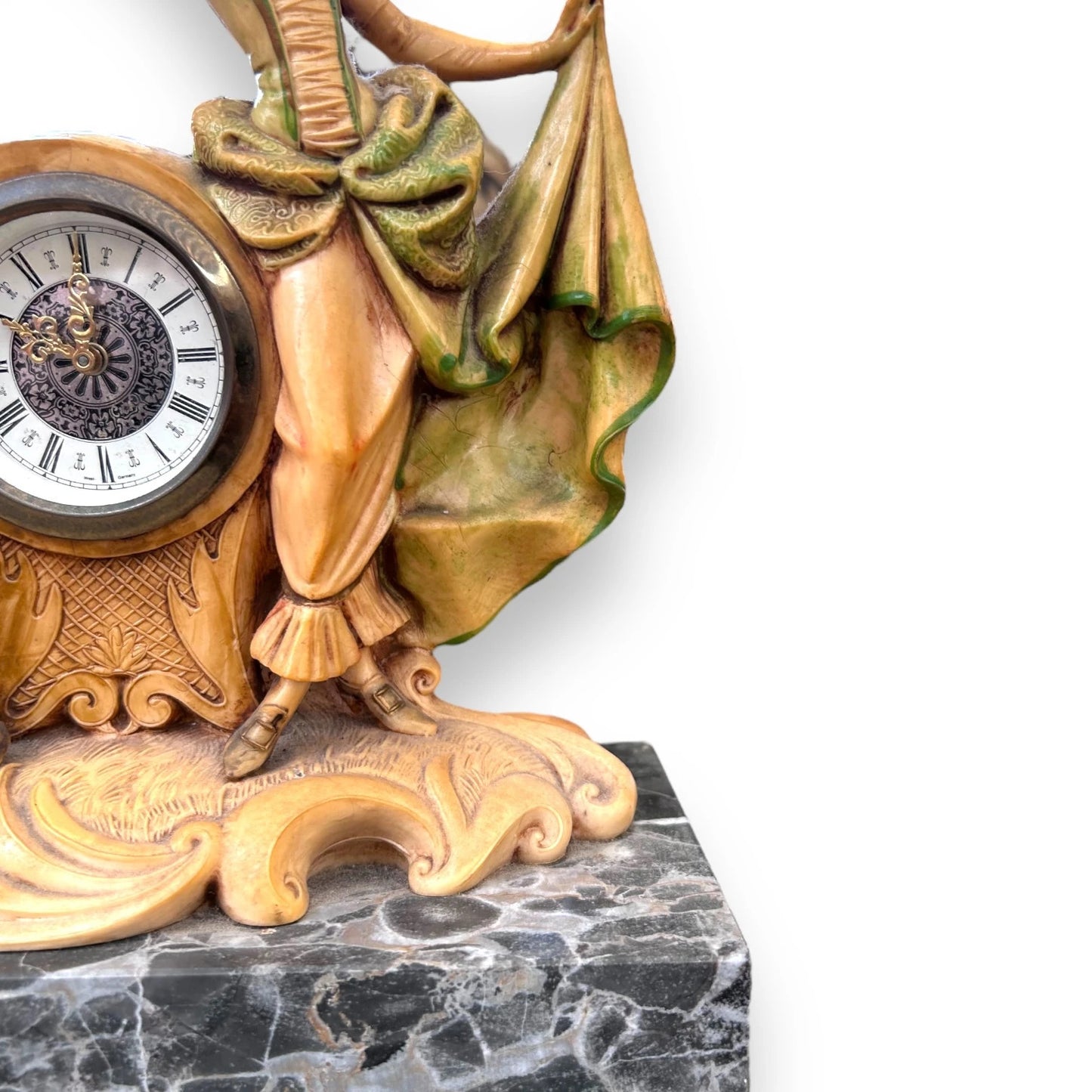 Vintage West Germany Resin Figural Clock Carrara Marble Base