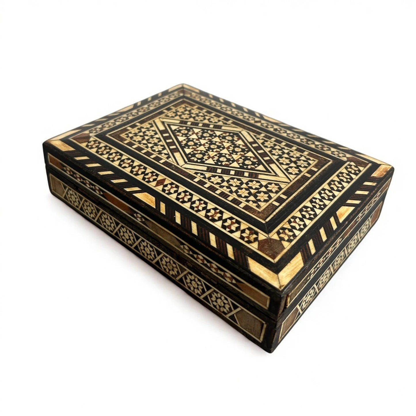 Mid Century Vintage Inlaid Wood Mosaic Handcrafted Jewellery Box
