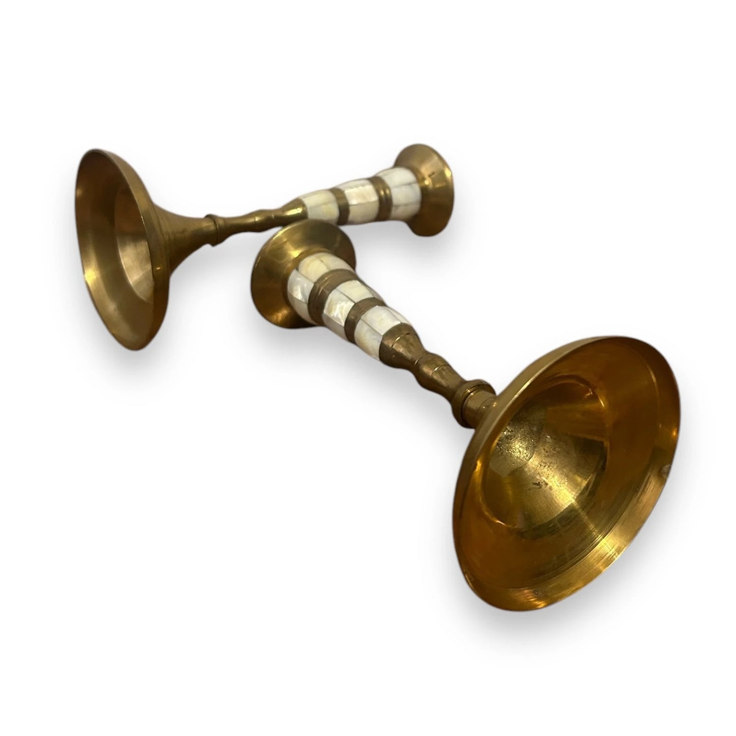 Vintage 1950s Pair of Brass and Mother of Pearl Candlestick Holders