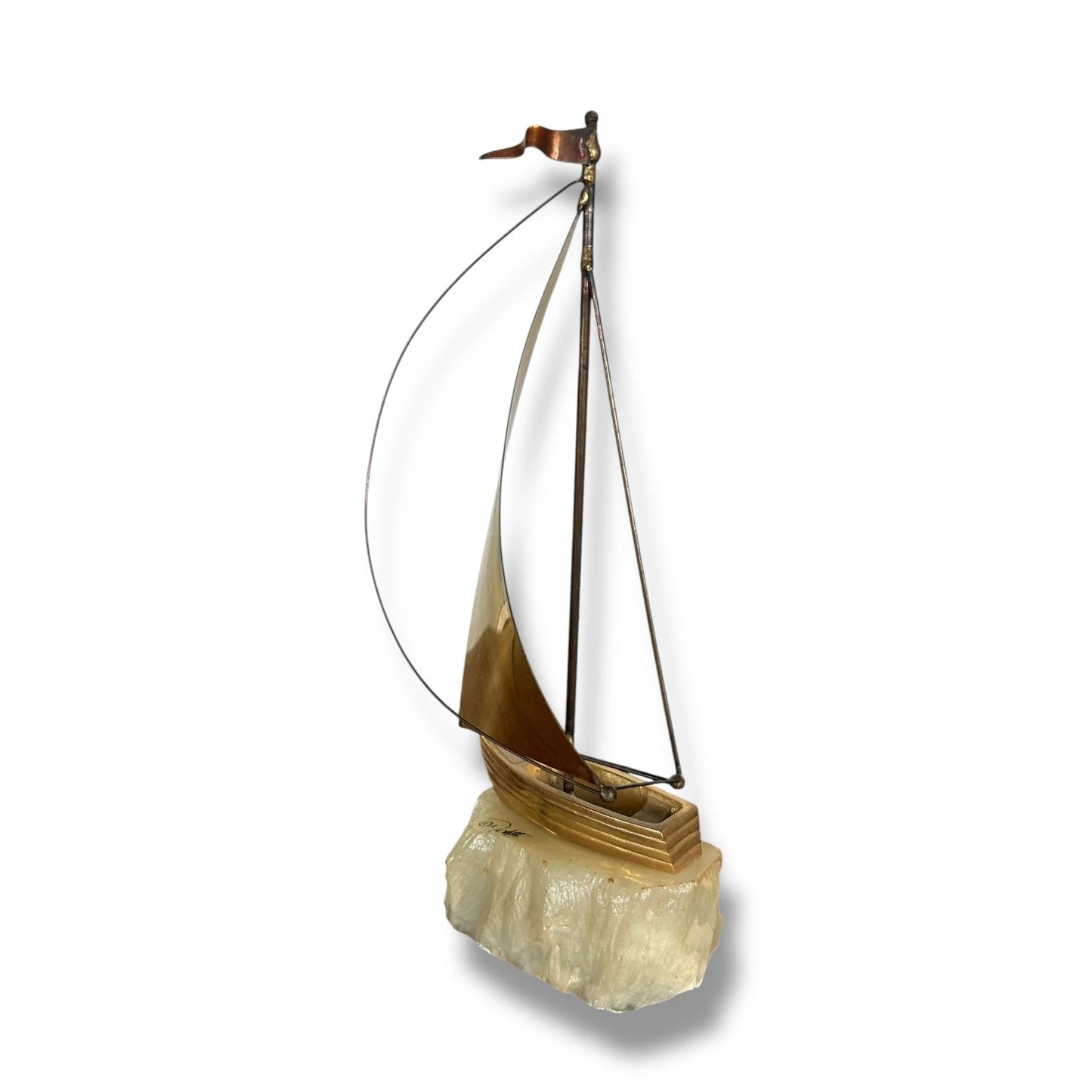 Mid Century Modern Onyx Mounted Brass Boat Sculpture