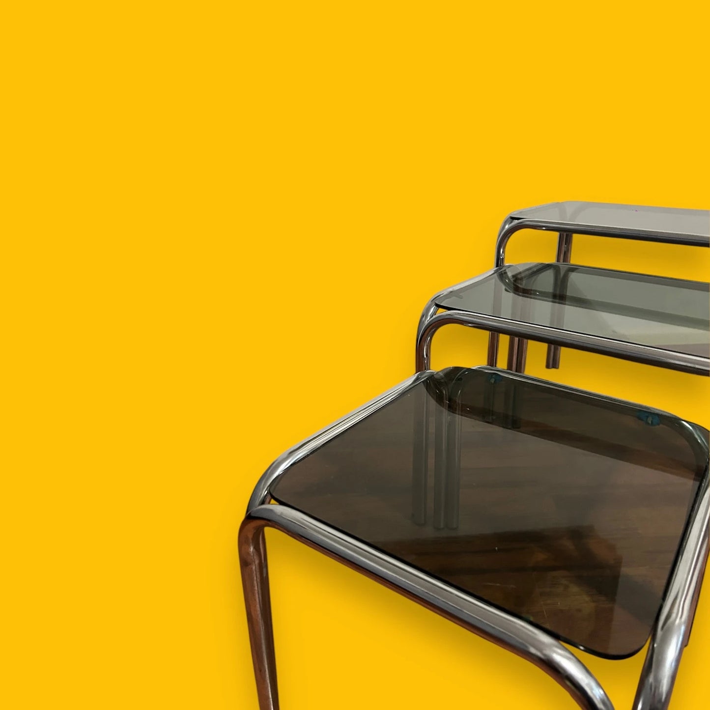 Mid Century Smoked Glass and Chrome Nest of Tables