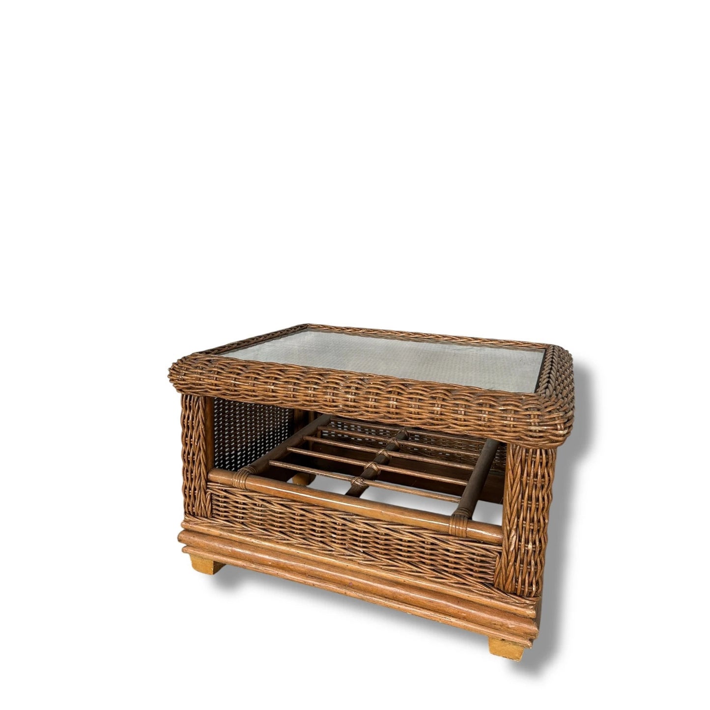 Mid Century Modern Wicker Bamboo Glass Topped Coffee Table