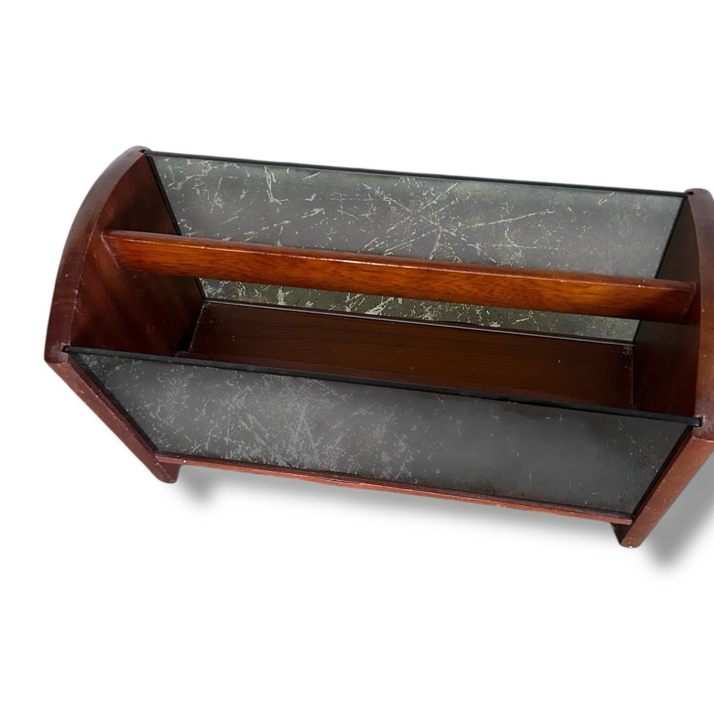 Mid Century Teak Wood Vinyl Storage Smoked Glass Magazine Rack