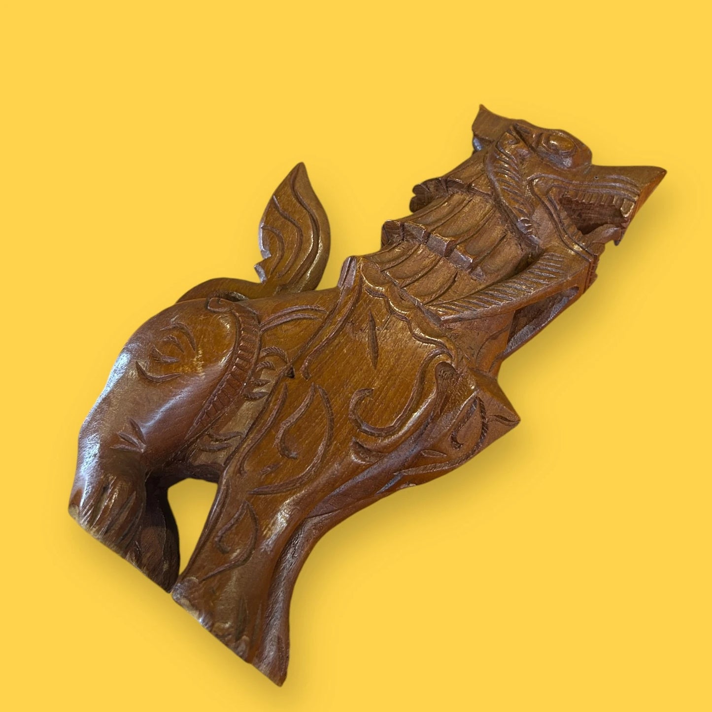 Vintage 1960s Carved Wood Chinese Foo Dog Statue