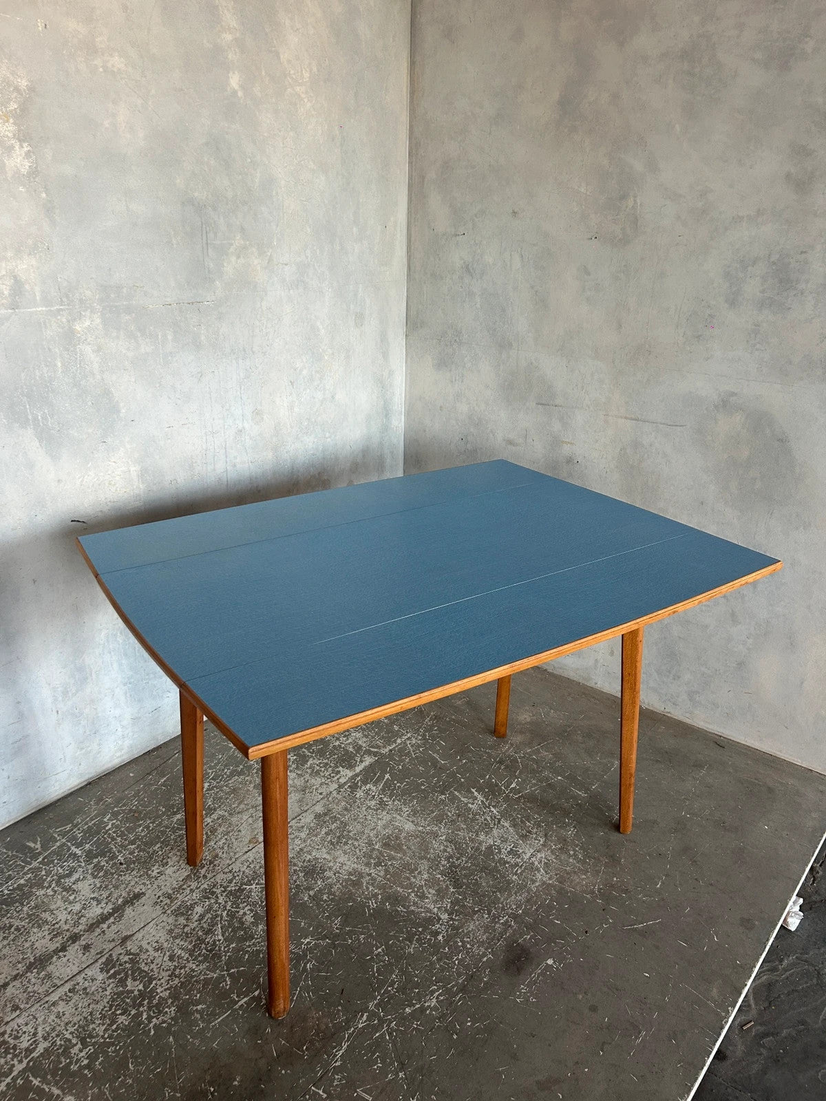 Mid Century Modern Blue Formica Drop Leaf Extendable Dining Table