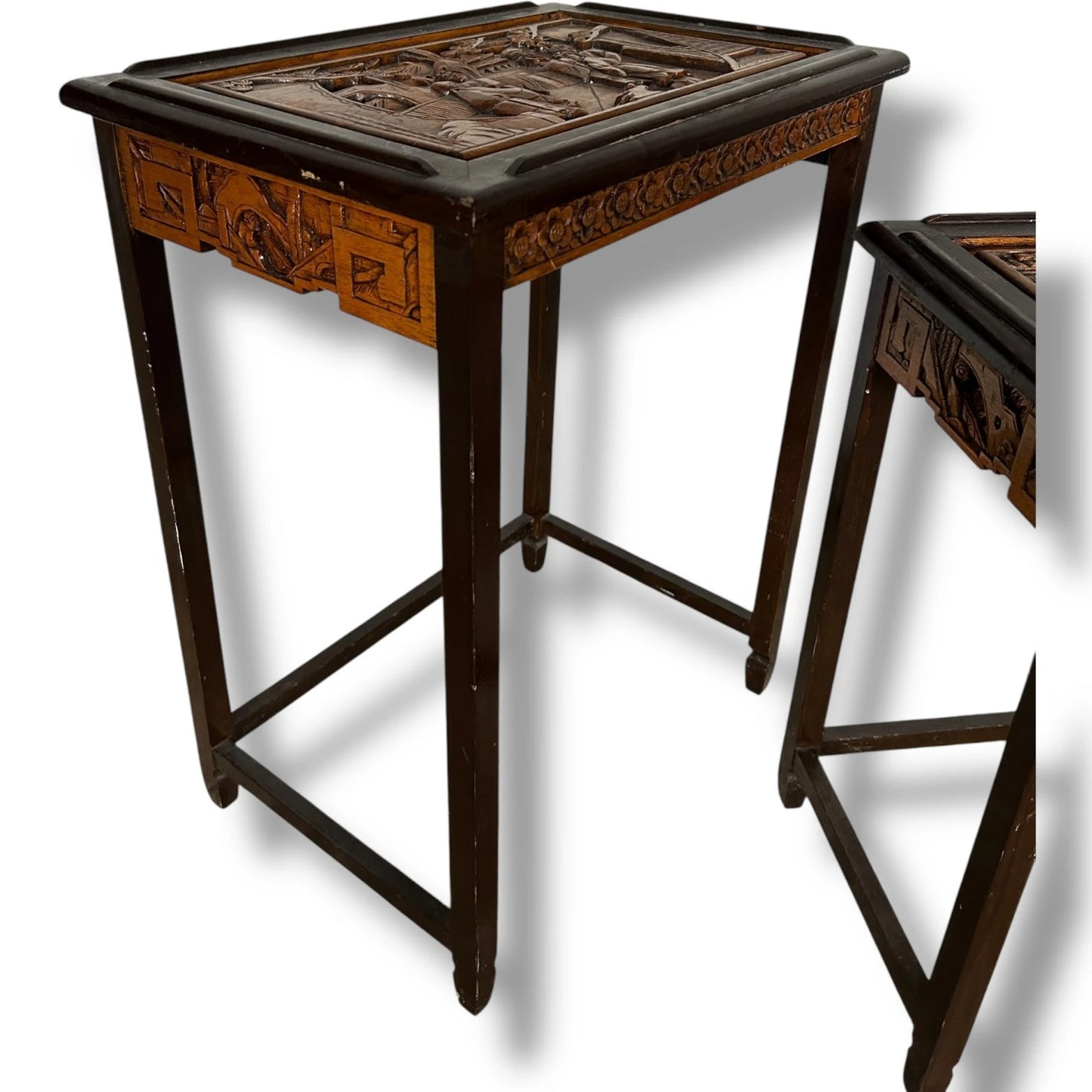 Vintage Chinese Camphor Wood Nest of Tables – Hand Carved Oriental Side Tables, Tall Nesting Tables