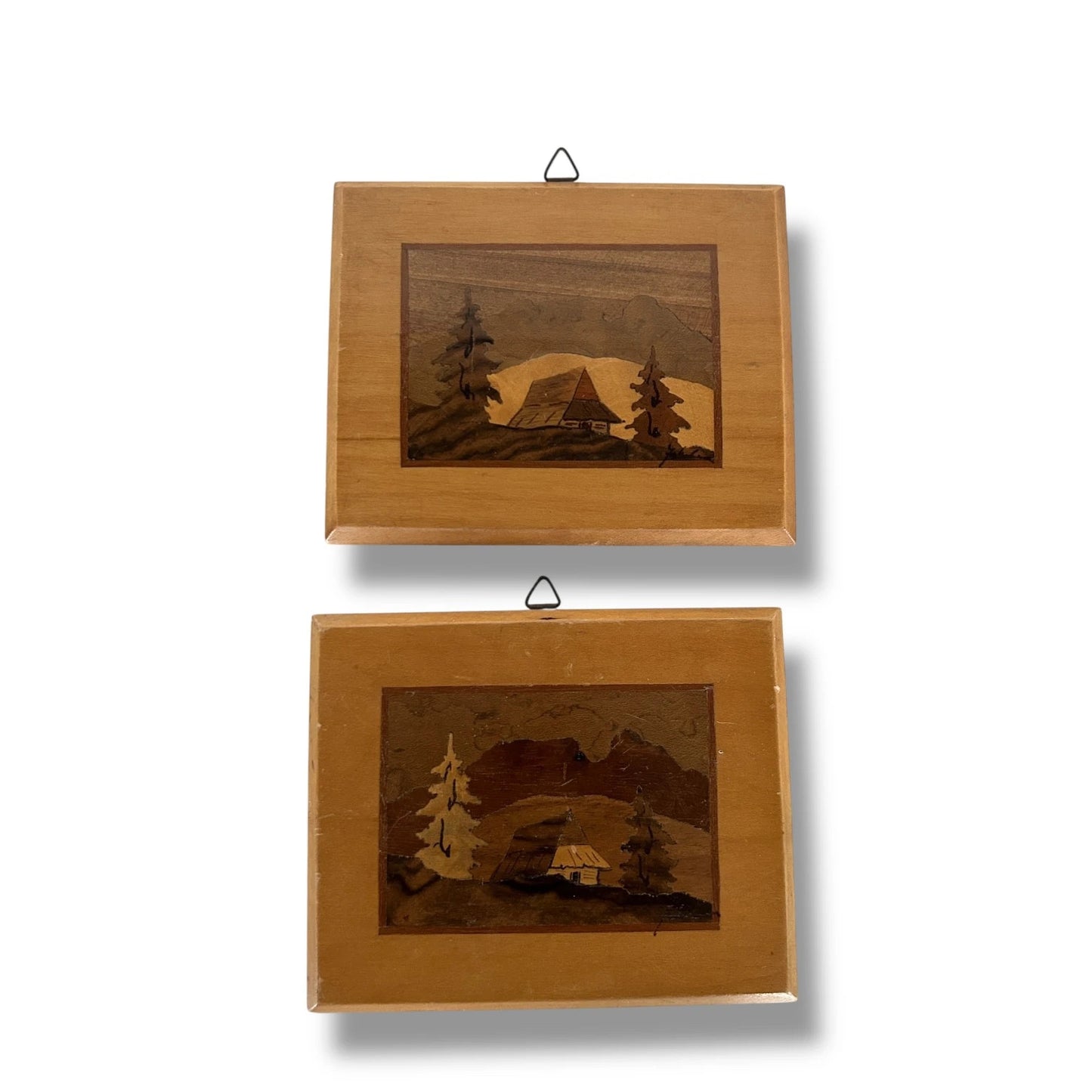 Vintage Polish Marquetry Wall Plaques Mid-Century Rustic Cabin Decor – Set of 2