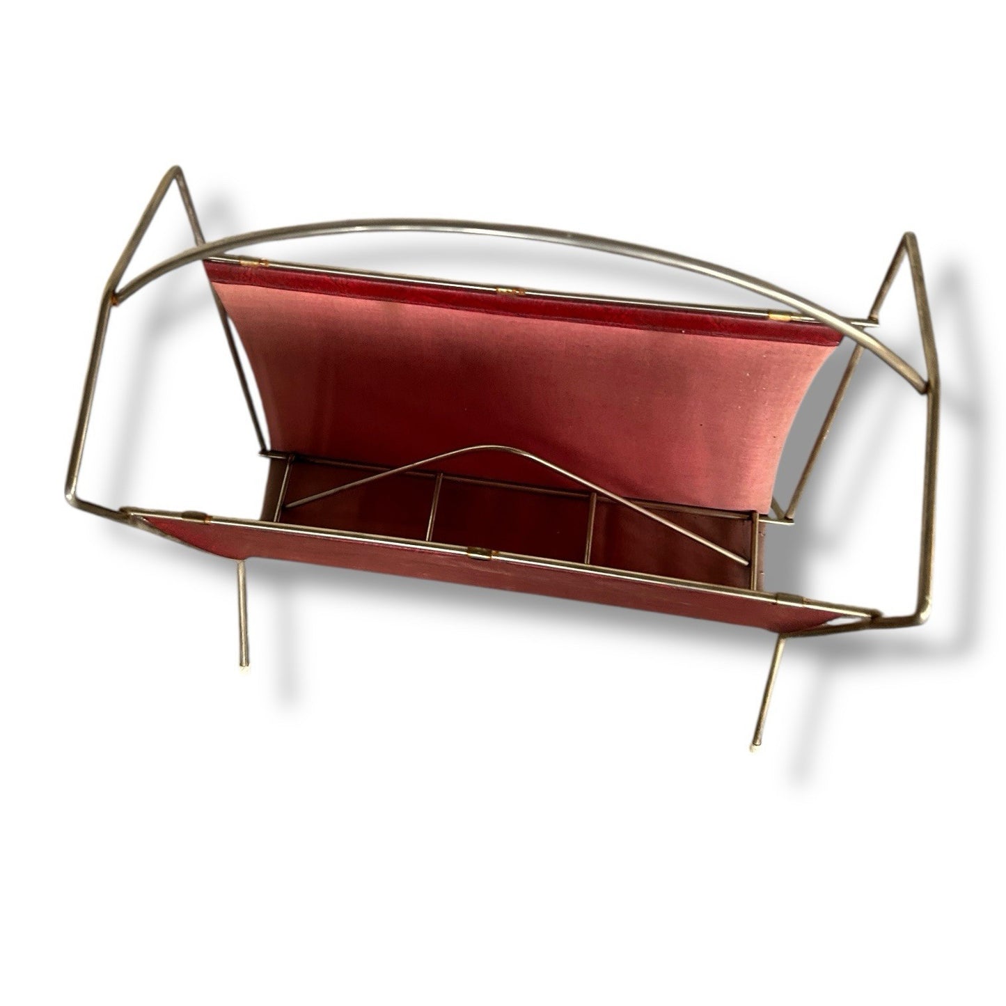 Mid-Century Modern Leather and Brass Italian Magazine Rack Vintage Storage