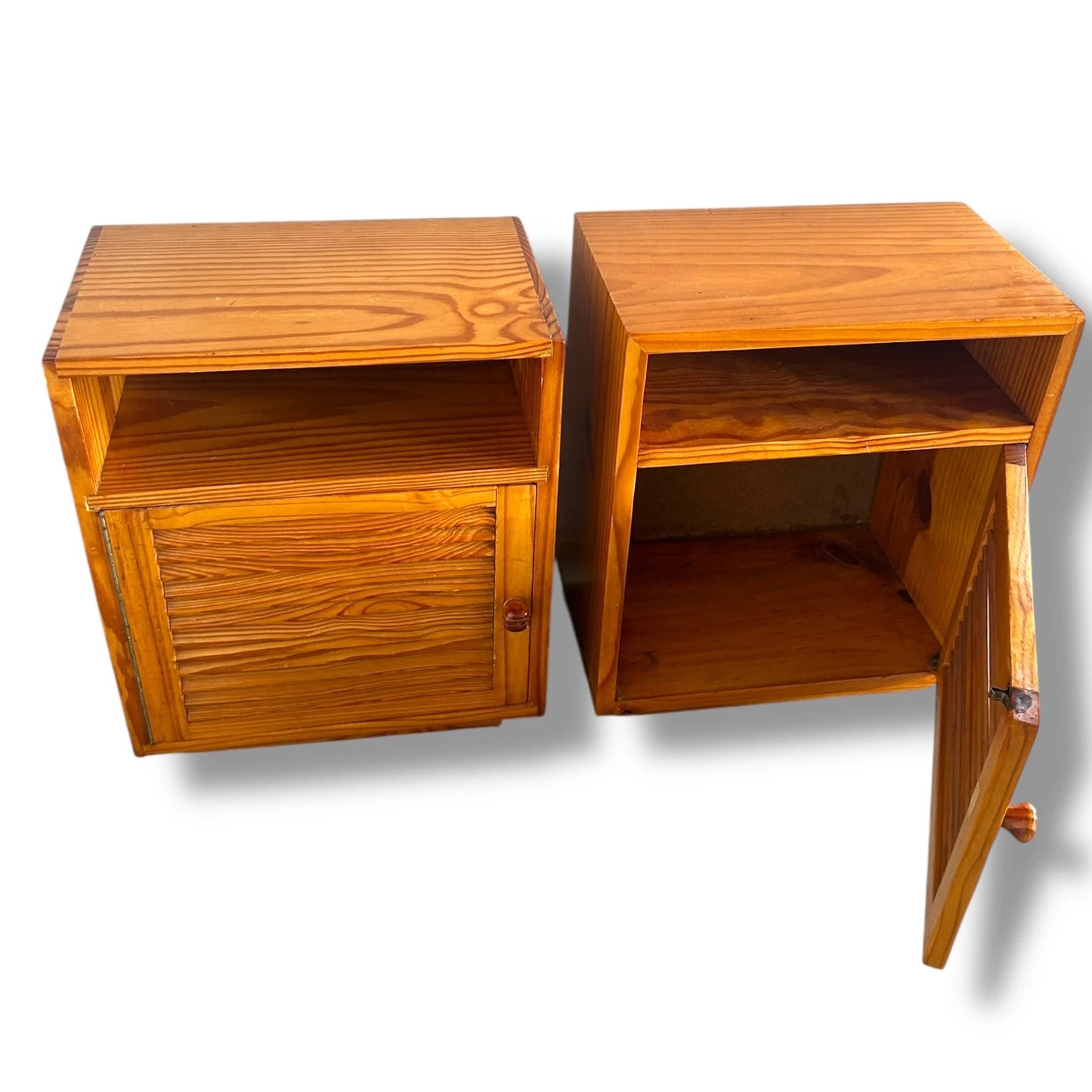 Mid Century Modern Pair of Teak Wood Slatted Bedside Cabinets