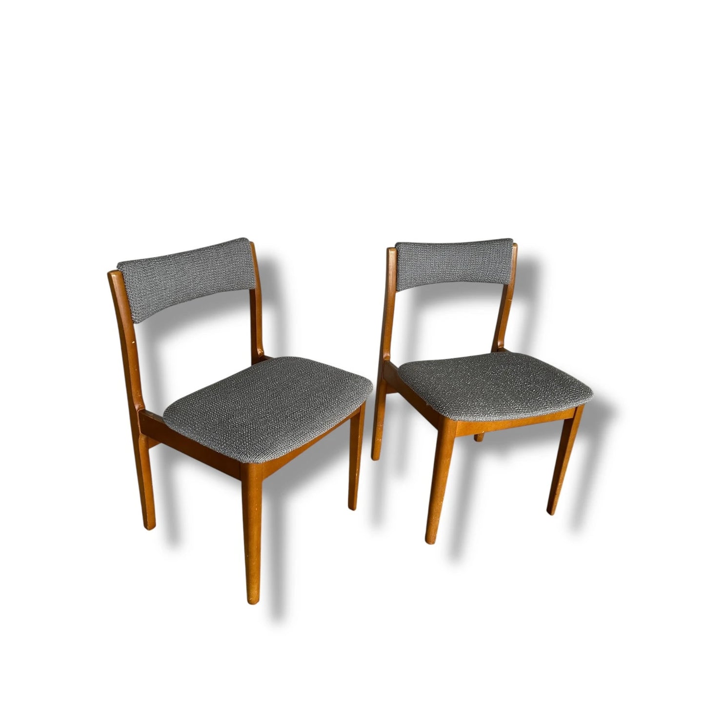 Pair of Mid Century Modern Dining Chairs – Vintage Wooden Frame Chairs with Grey Upholstered Seats